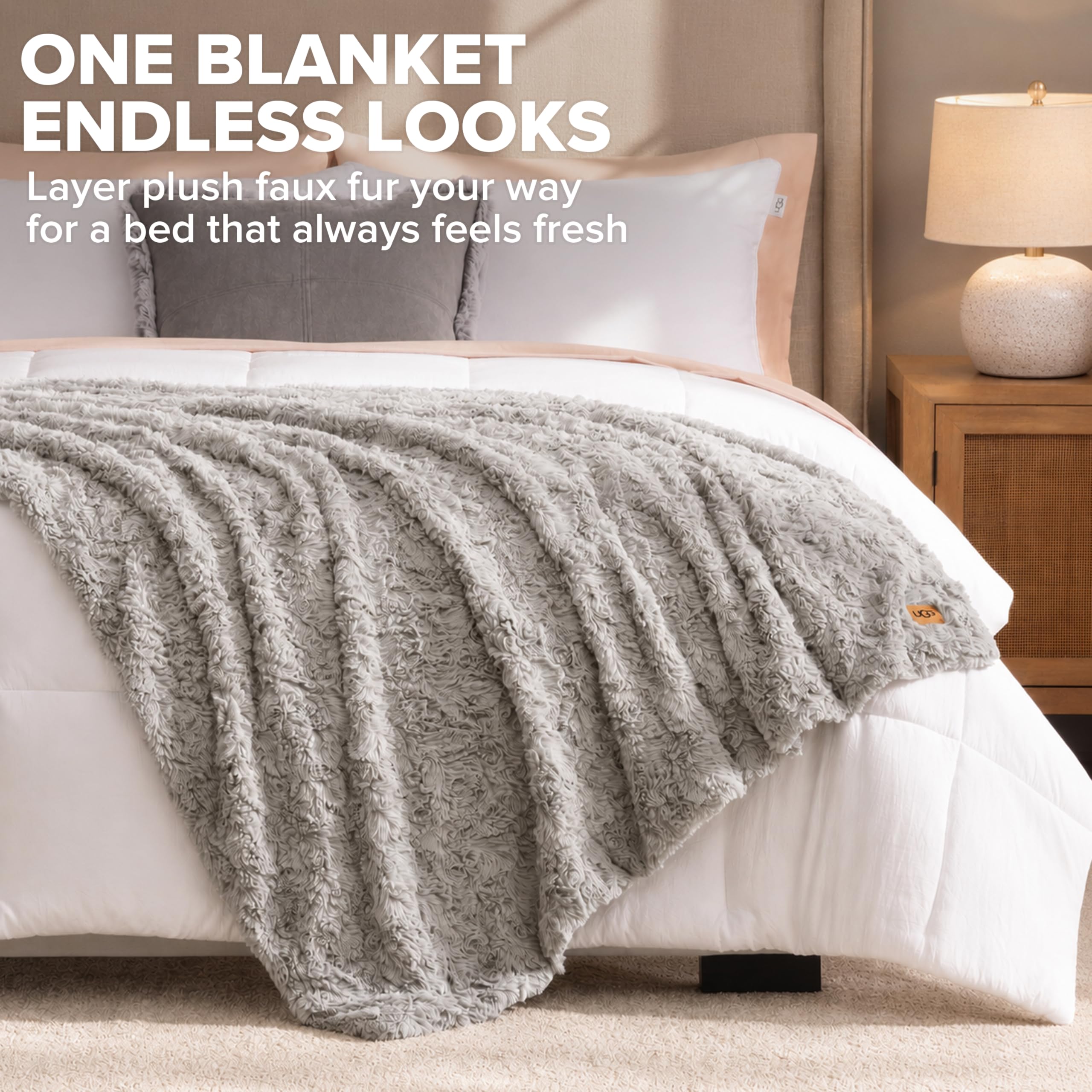 UGG Adalee Faux Fur Twin Size Blanket, Warm Cozy Blanket, Extra Large Throw for Sofa, Washable Bedding for Twin XL Size Bed, Cute Room Decor, 66" x 90", Oyster Brown