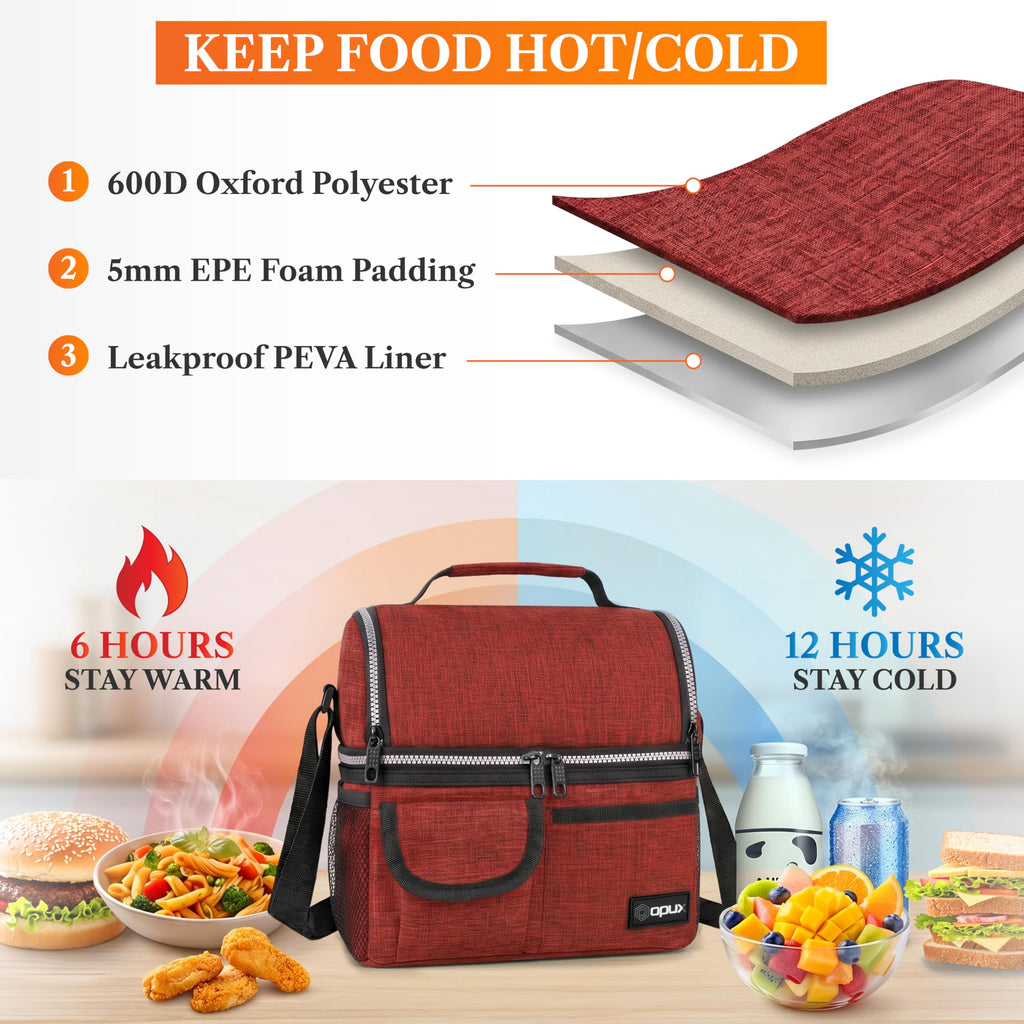 opux Insulated Lunch Bag Women Men, Dual Compartment Leakproof Lunch Box Adults Kids, Double Decker Meal Prep Bento Lunch Cooler Tote with Shoulder Strap for Work Office School Travel, Black