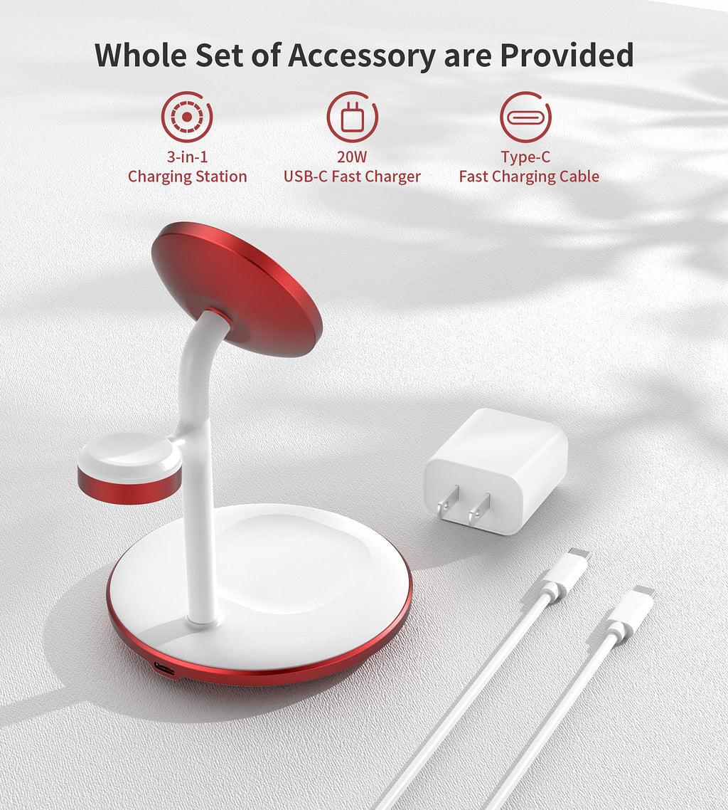 XooFly 3 in 1 Wireless Charging Station for Apple Devices, Fast Wireless Mag-Safe Charger Stand with 20W Adapter for iPhone 17/16 15 14 13 12 Pro Max/Pro/Plus/Air/Mini, iWatch, AirPods (Black)