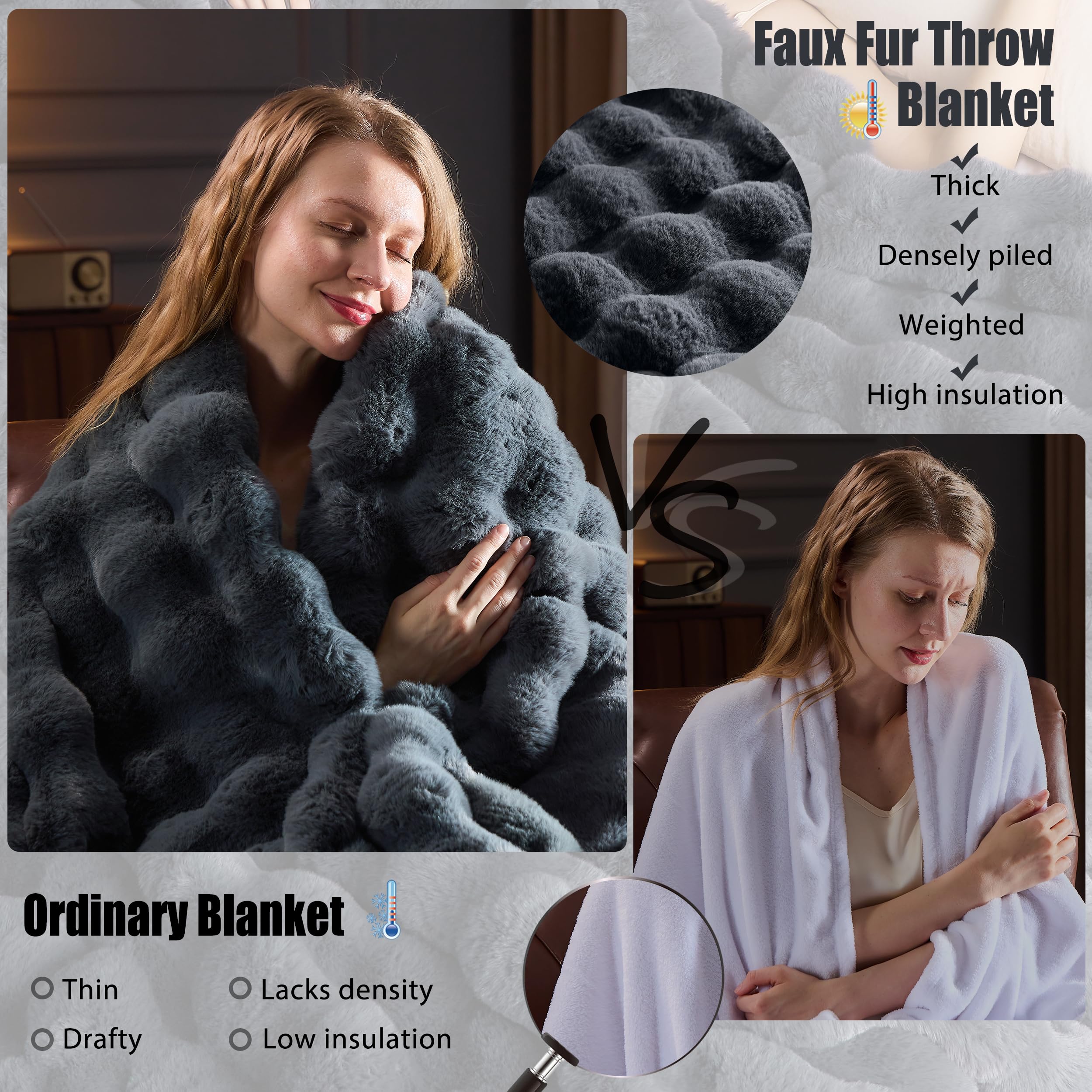 Faux Fur Throw Blanket for Couch, Fluffy Fuzzy Plush Bubble Blanket, Soft Warm Cozy Shaggy Rabbit Blanket, Luxury Decorative Gifts for Sofa Bedroom Living Room, 60x50inch (Beige)