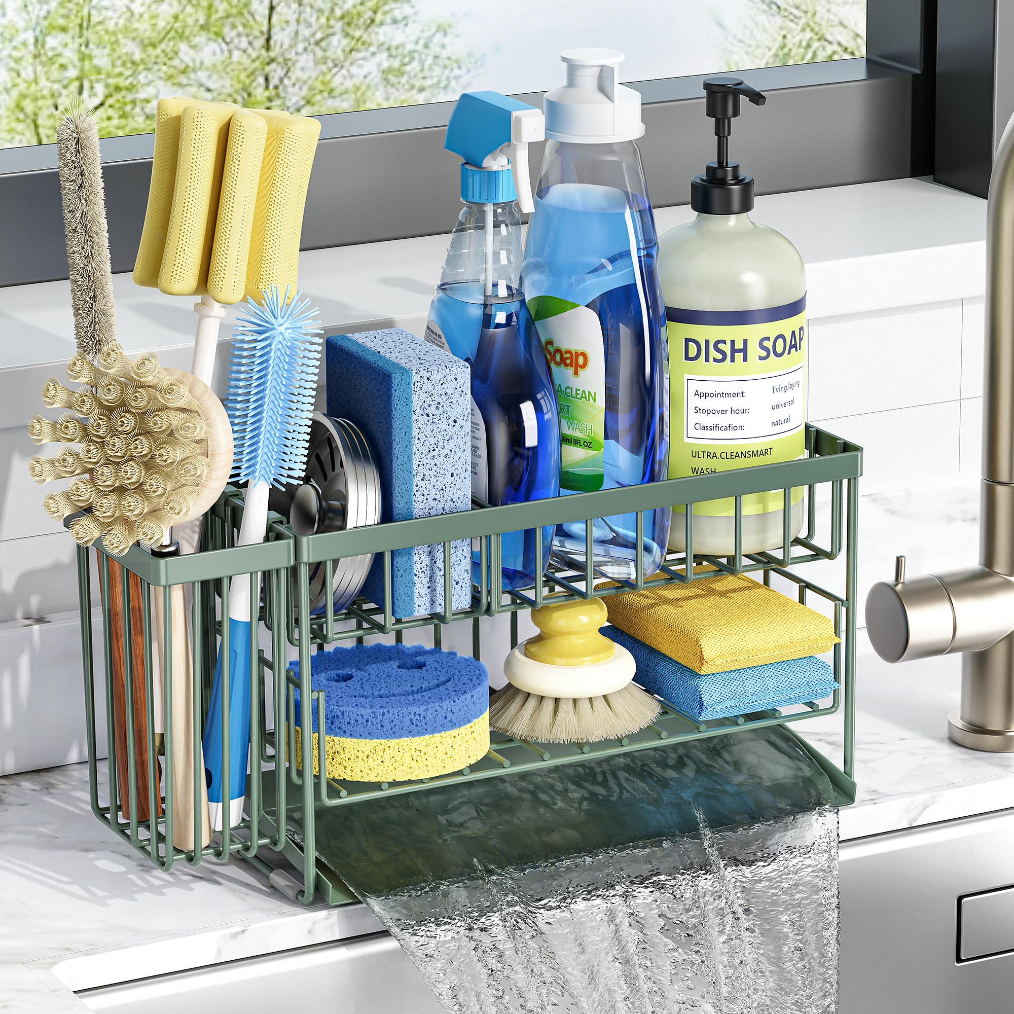 Cisily 2-Tier Kitchen Sink Caddy Organzier Rack with Dish Brush Sponge Holder | Kitchen Sink Countertop Organization Storage,Home Decor Accessories Essentials Stainless Steel