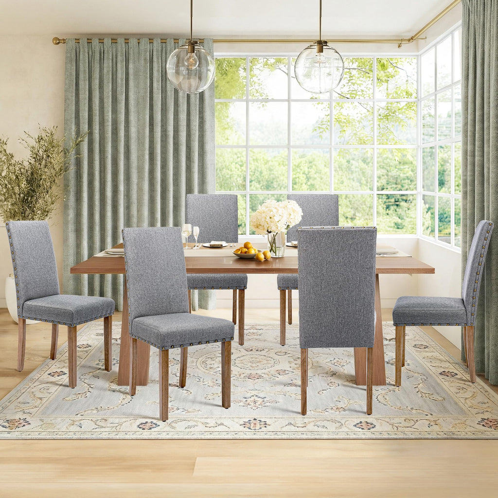 Upholstered Dining Chair Modern Stylish Parsons Kitchen Diner High Back with Bronze Nailhead Trim & Wood Legs, Set of 2, Grey