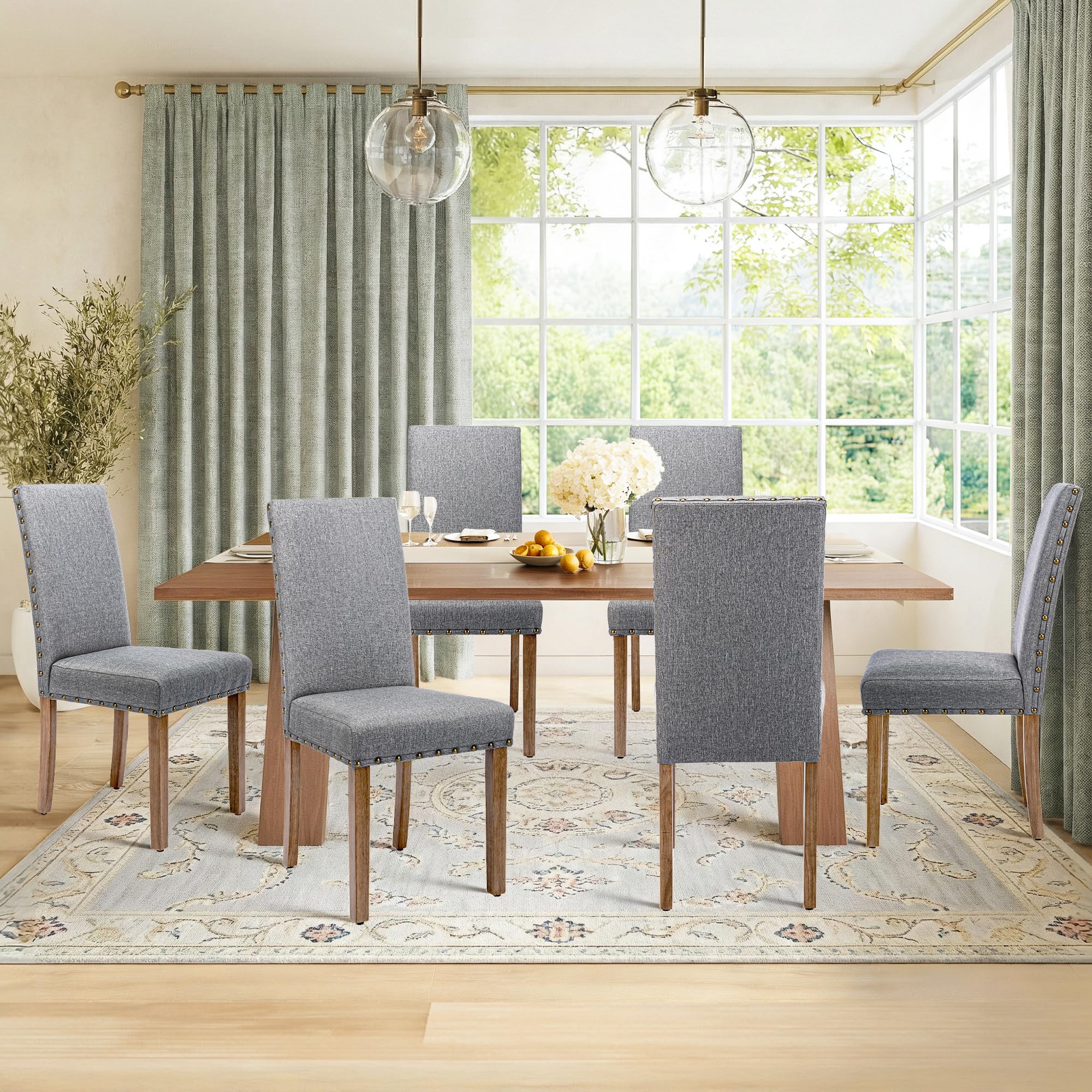 Upholstered Dining Chair Modern Stylish Parsons Kitchen Diner High Back with Bronze Nailhead Trim & Wood Legs, Set of 2, Grey
