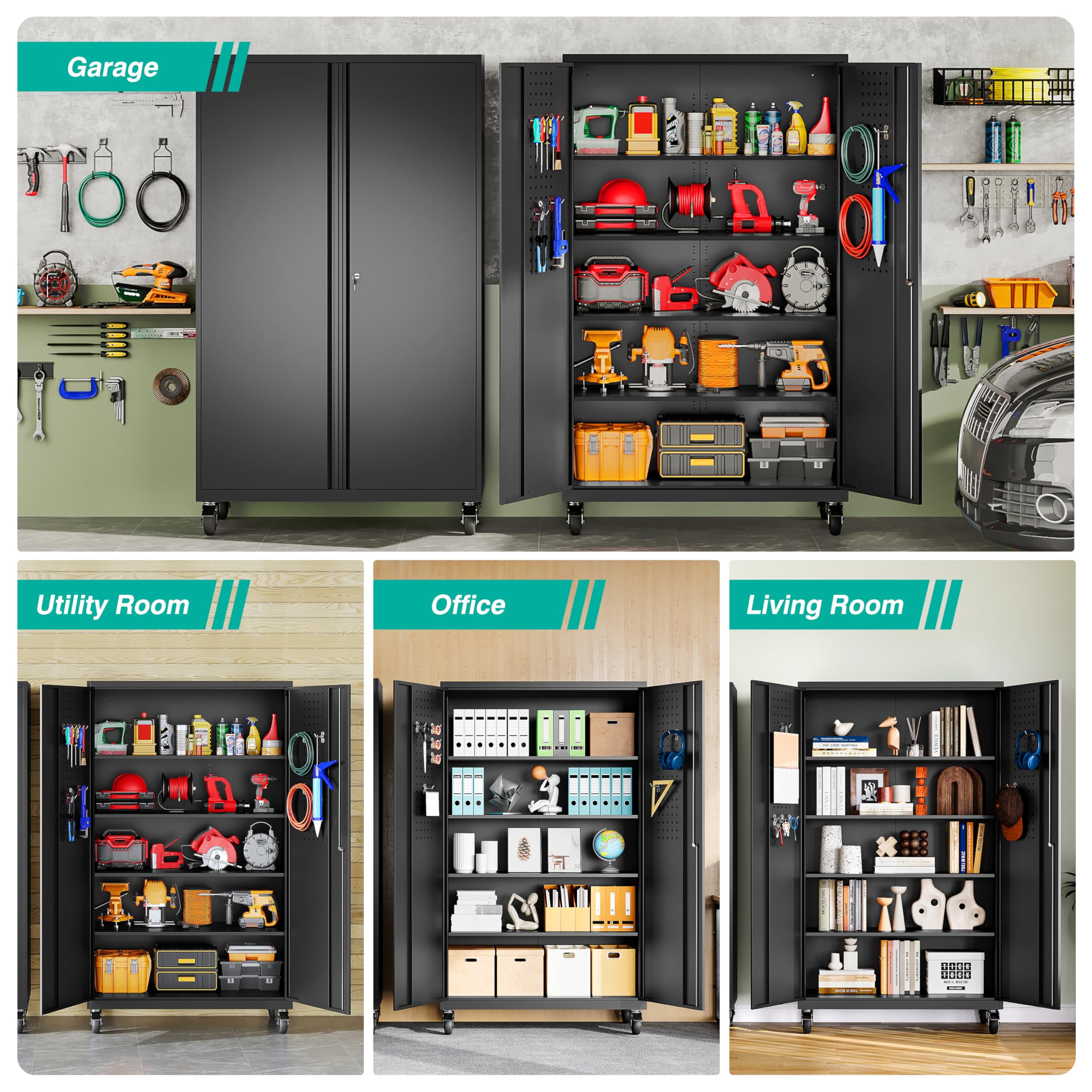 SISESOL Wide & Deep Metal Storage Cabinet with Wheels,Tall Rolling Garage Storage Cabinet with Lock,Black Metal Cabinets with Pegboards and Shelves,Tool Locker for Garage,Home,Office,43''Wx 20''Dx71"H