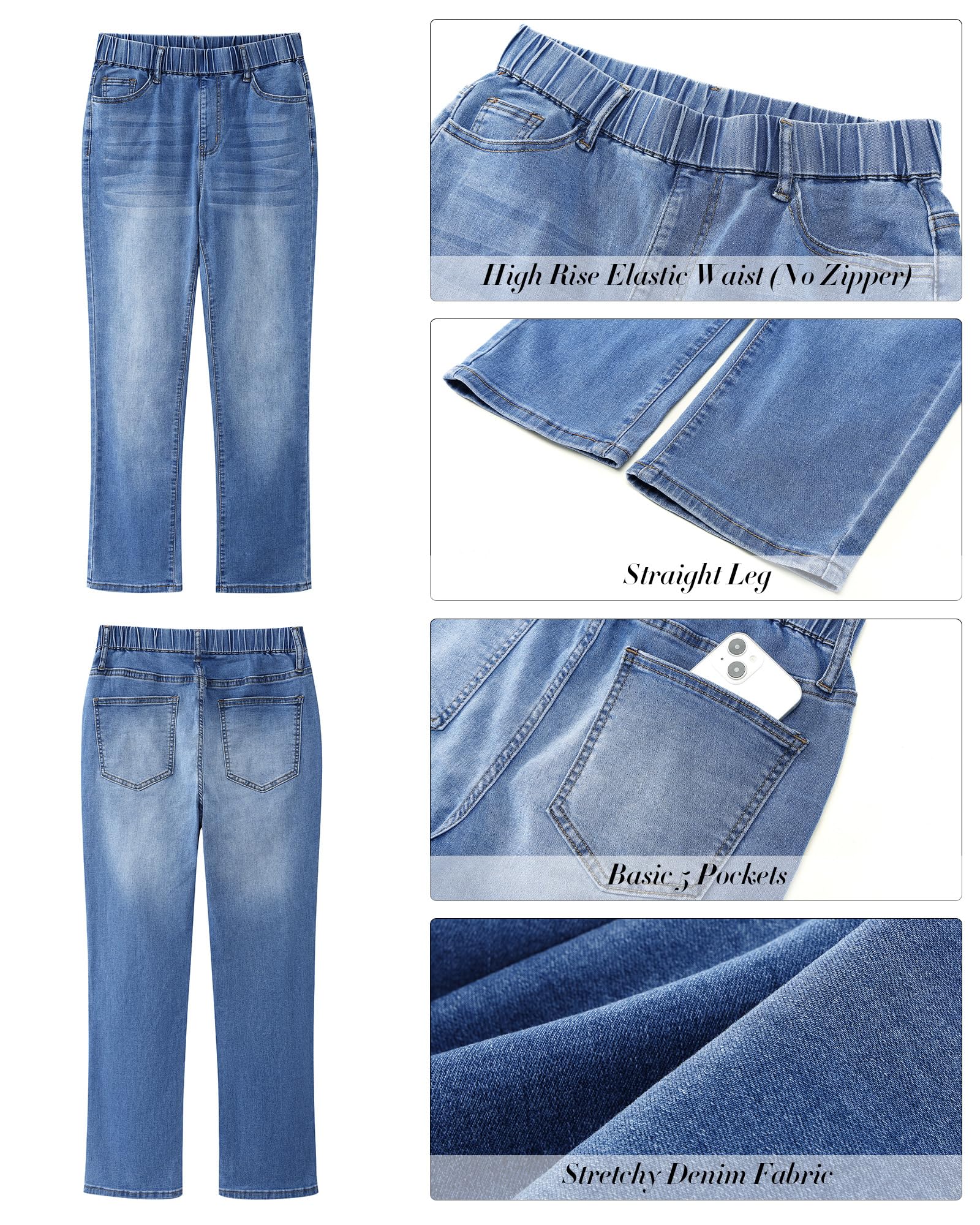 GRAPENT Straight Leg Jeans for Women Trendy Pull On High Waisted Cropped Elastic Waist Stretchy Denim Pants Ankle Jeans
