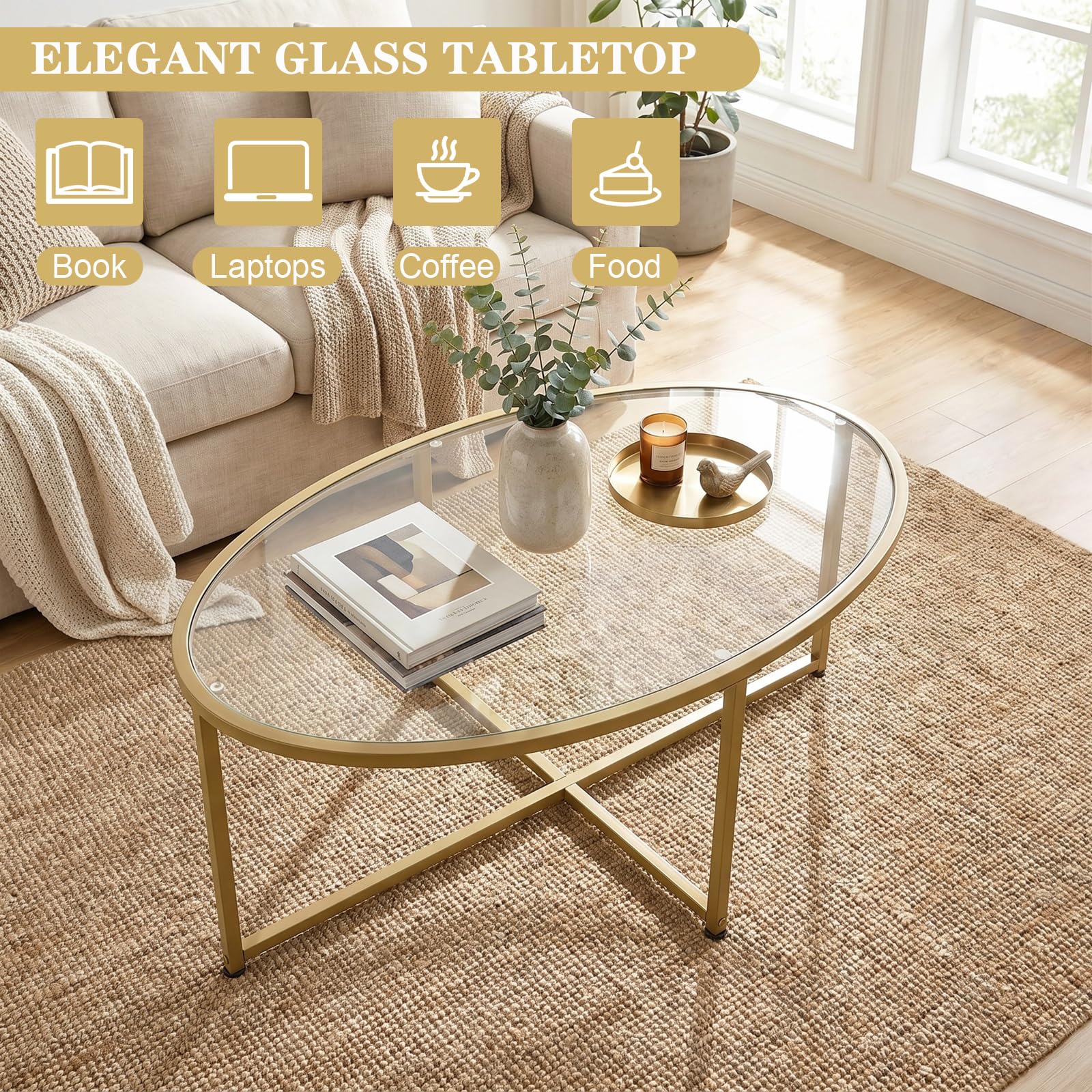 Wolawu Coffee Table Gold Oval Glass Coffee Tables for Living Room,Modern Gold Metal Frame Tea Tables for Small Space, Tempered Glass Top Center Table with Stable Cross Base for Bedroom, Office,Balcony