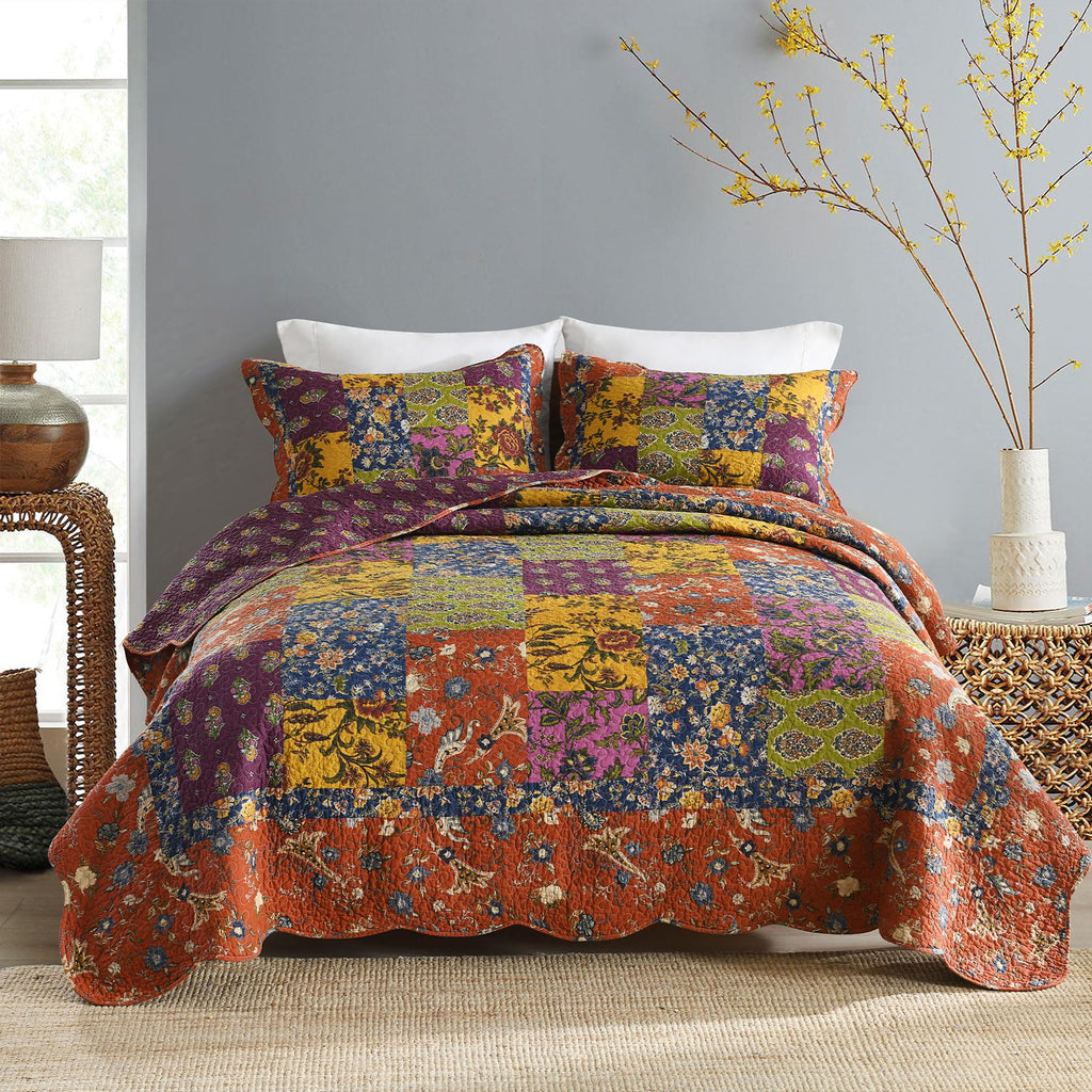 Secgo Twin Comforter Set for Bed - 100% Cotton Quilts Twin Size, Black Bedspreads with 2 Pillow Shams, Patchwork Reversible Lightweight Bedding