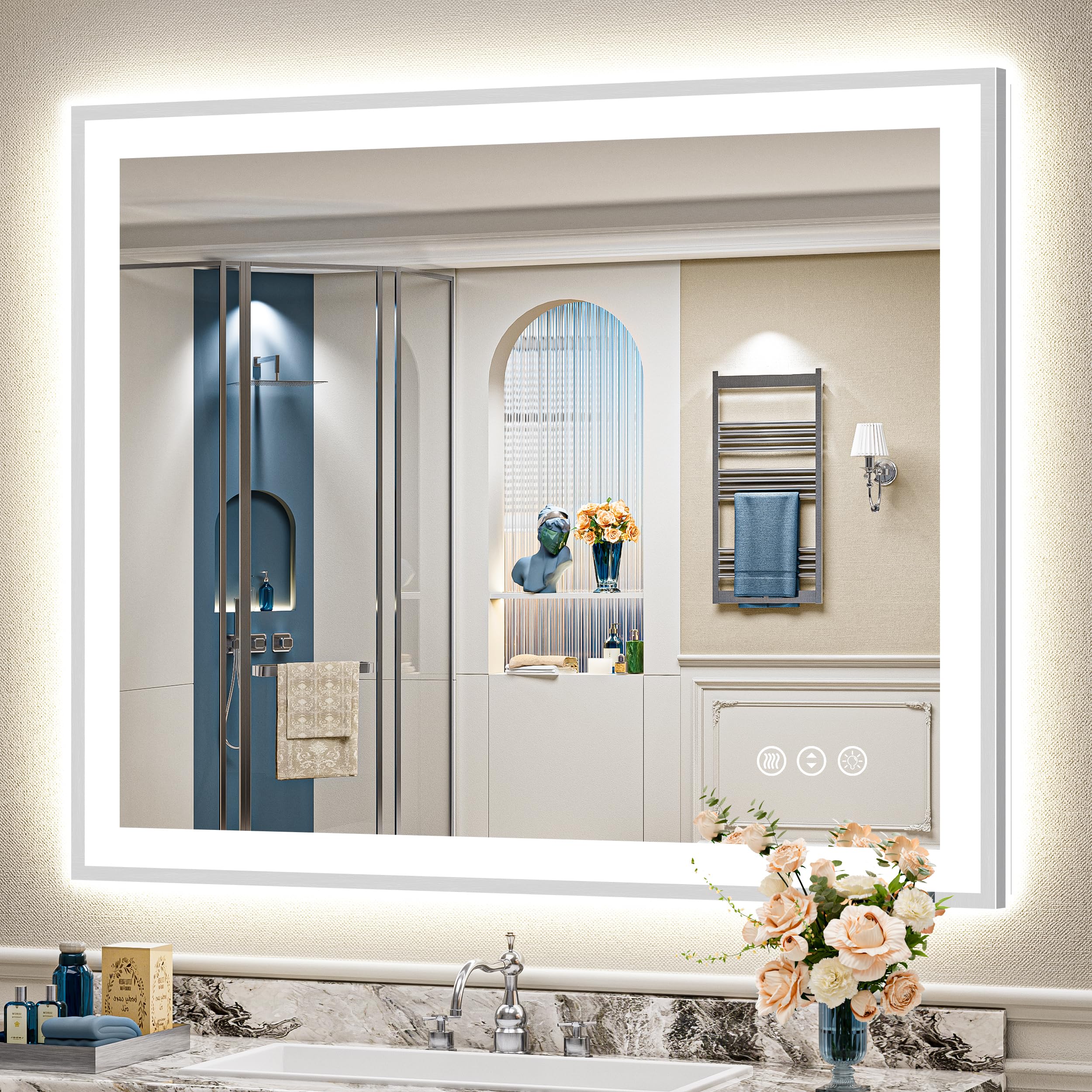 24x32 Black Framed LED Bathroom Mirror with Lights, Backlit and Front Lit Anti-Fog Lighted Vanity Mirrors for Bathroom Wall, Dimmable, 3 Colors, Memory, HD Tempered Glass, Horizontal/Vertical