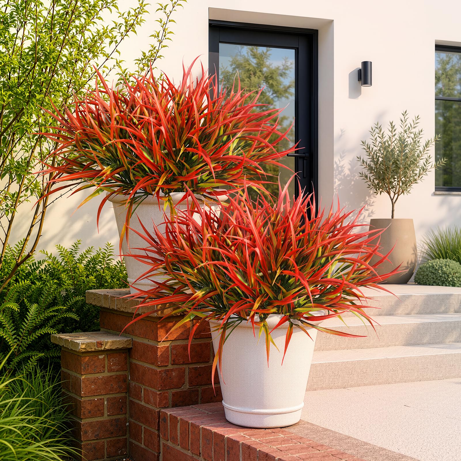 Uieke 28 Bundles Artificial Outdoor Plants UV Resistant Fake Grass Plants Faux Plastic Plants Greenery Shrubs for Home Garden Pathway Window Box Front Porch Cemetery Fall Decor, Autumn Red