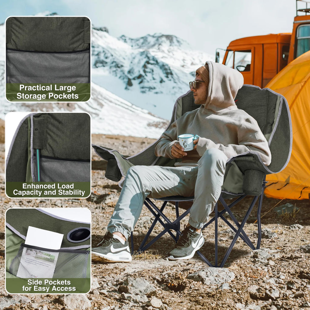Double Camping Chair Heavy Duty Oversized Padded Loveseat for Adults 2 Person Outdoor Portable Camping Chairs for Lawn, Backyard, Fishing, Trip, Support 600lbs, Grey