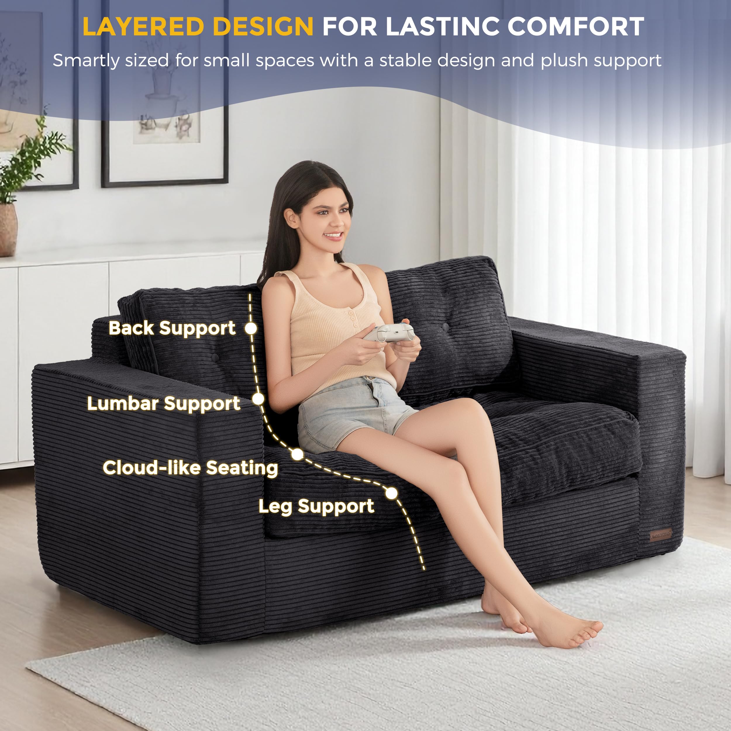 MAXYOYO 3 Seater Sofa Couch for Living Room, Tufted Boneless Couch Sofa Couch, Comfy Bubbled Bean Bag Chair for Apartment, No Assembly Needed, Beige