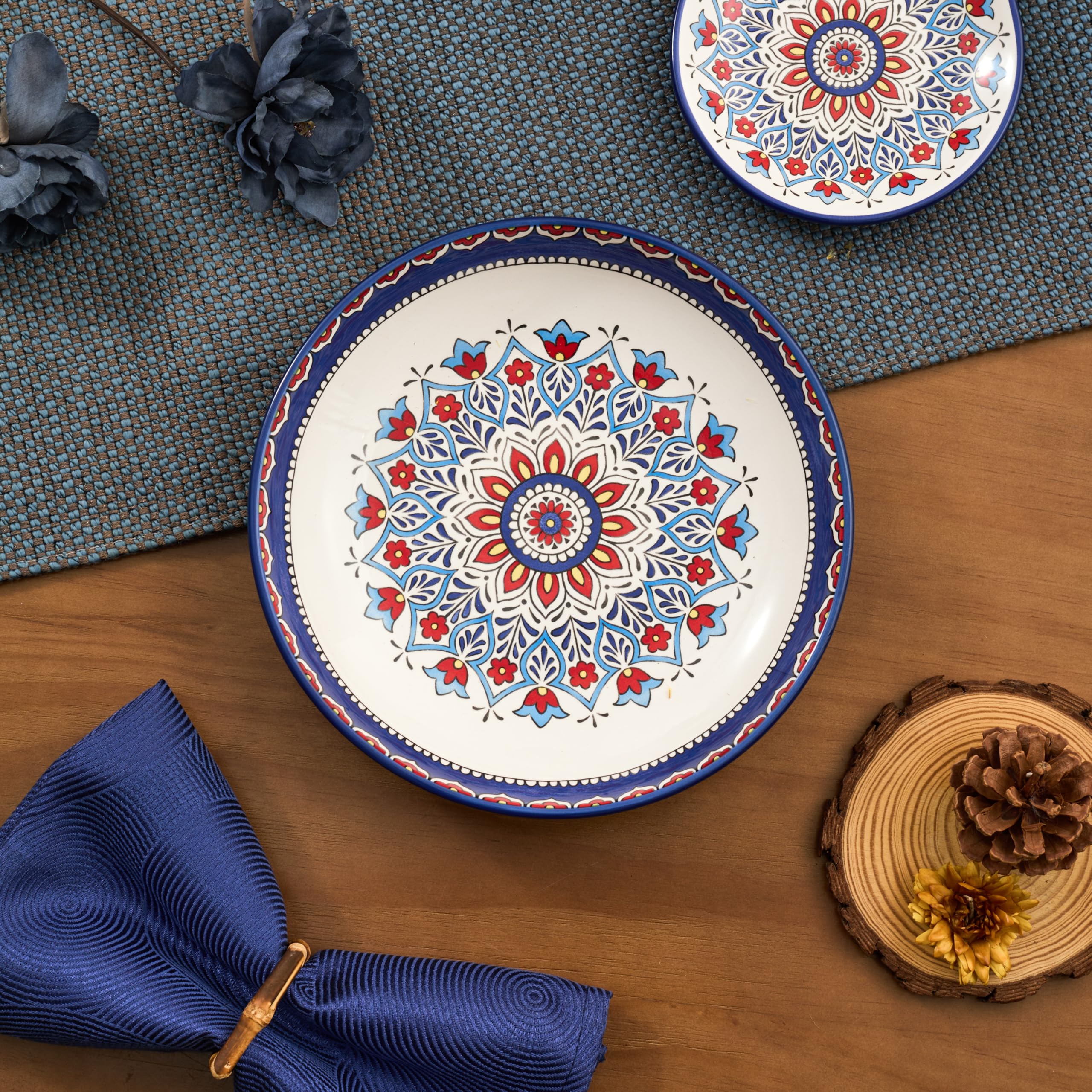 Bico Blue Talavera Pasta Bowls, 35oz Salad Bowl Set of 4, Large Ceramic Serving Dinner Bowls for Soup and Cereal, Microwave and Dishwasher Safe, Gift for Housewarming and Thanksgiving