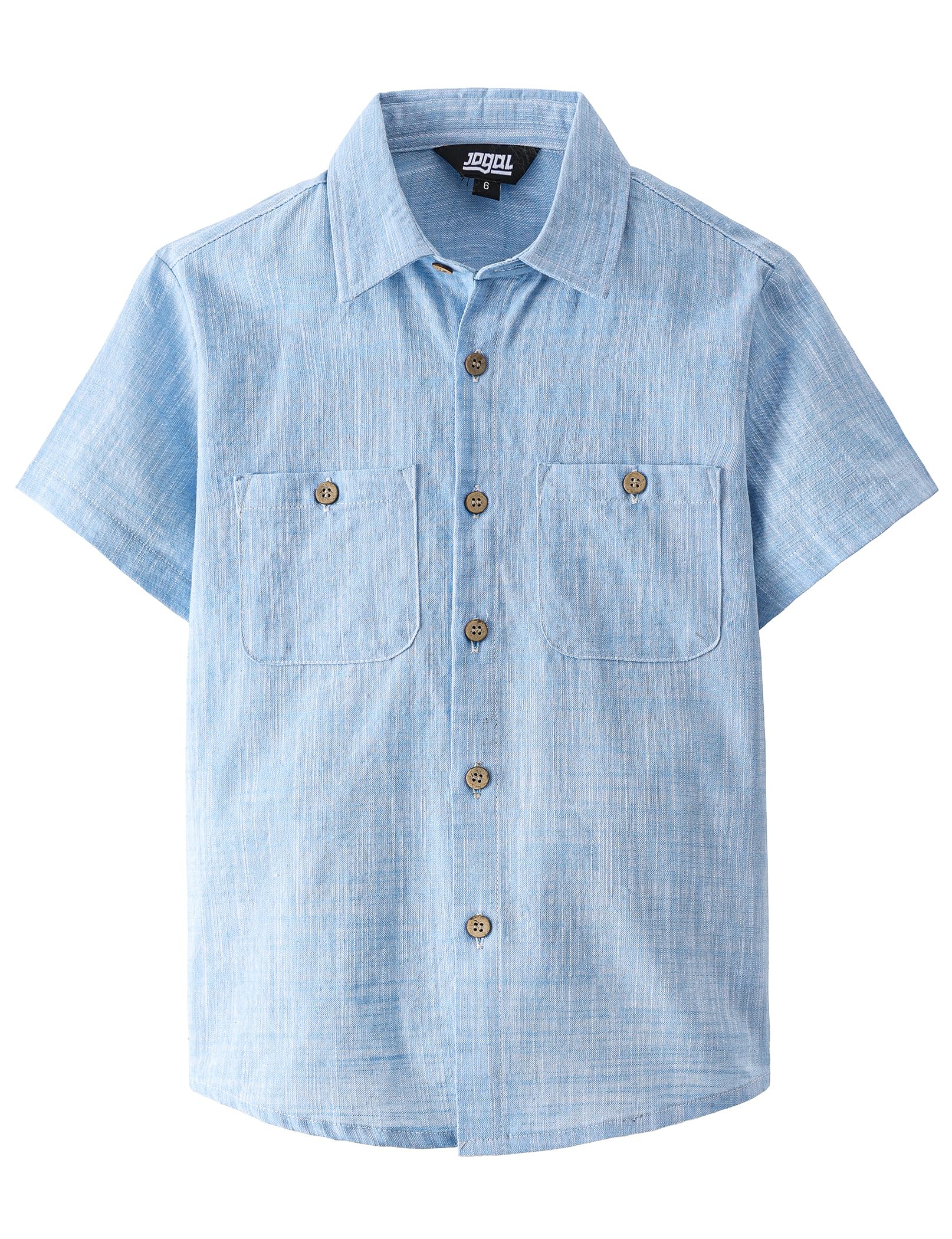JOGAL Boys Chambray Shirts Short Sleeve Button Down Casual Cotton Woven Shirt with Two Pockets for Kids 6-14 Years