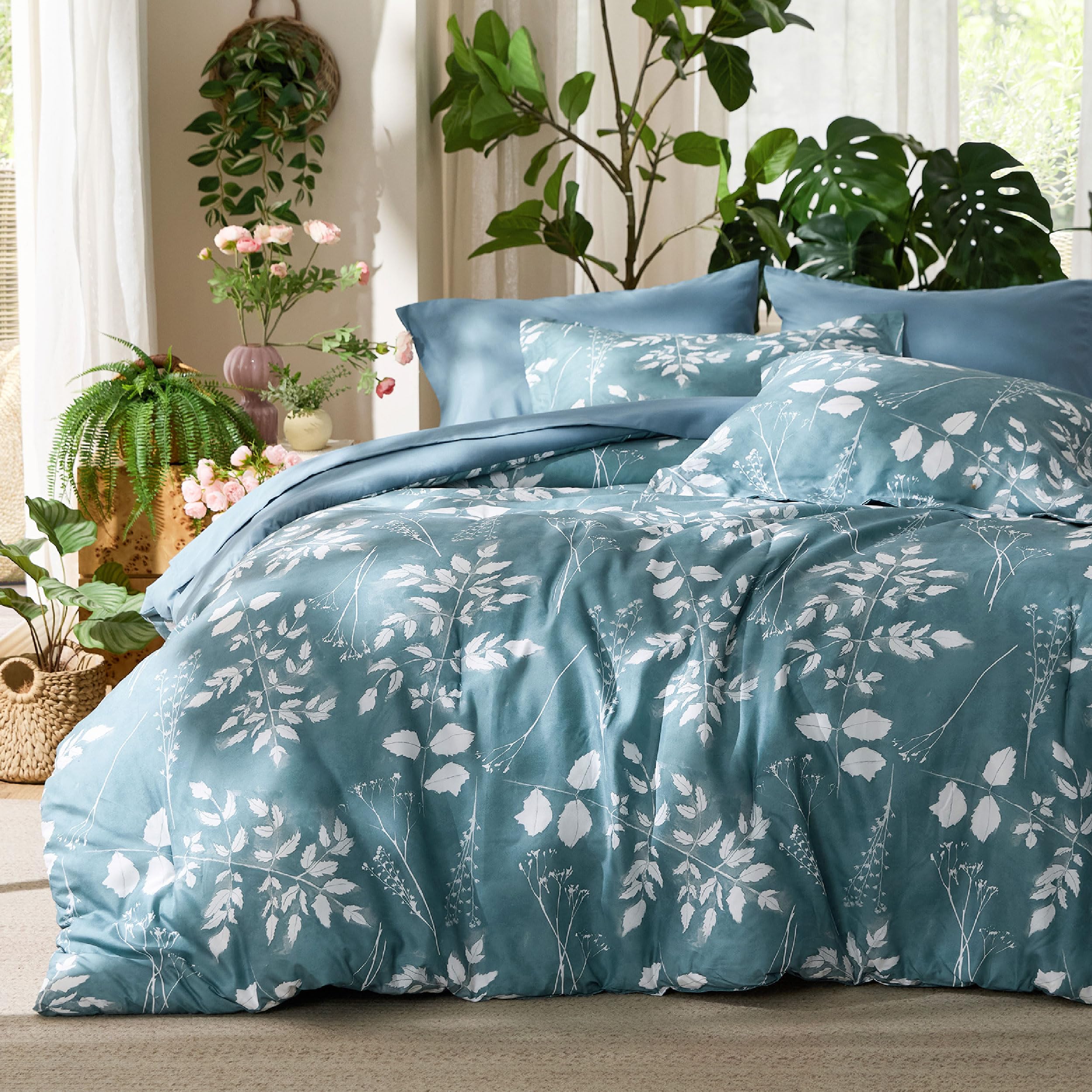 Bedsure Twin Comforter Set - 5 Pieces Floral Sage Green Soft Bedding Sets, Twin Bed in a Bag with Botanical Flowers Comforter, Sheets, Pillowcase & Sham