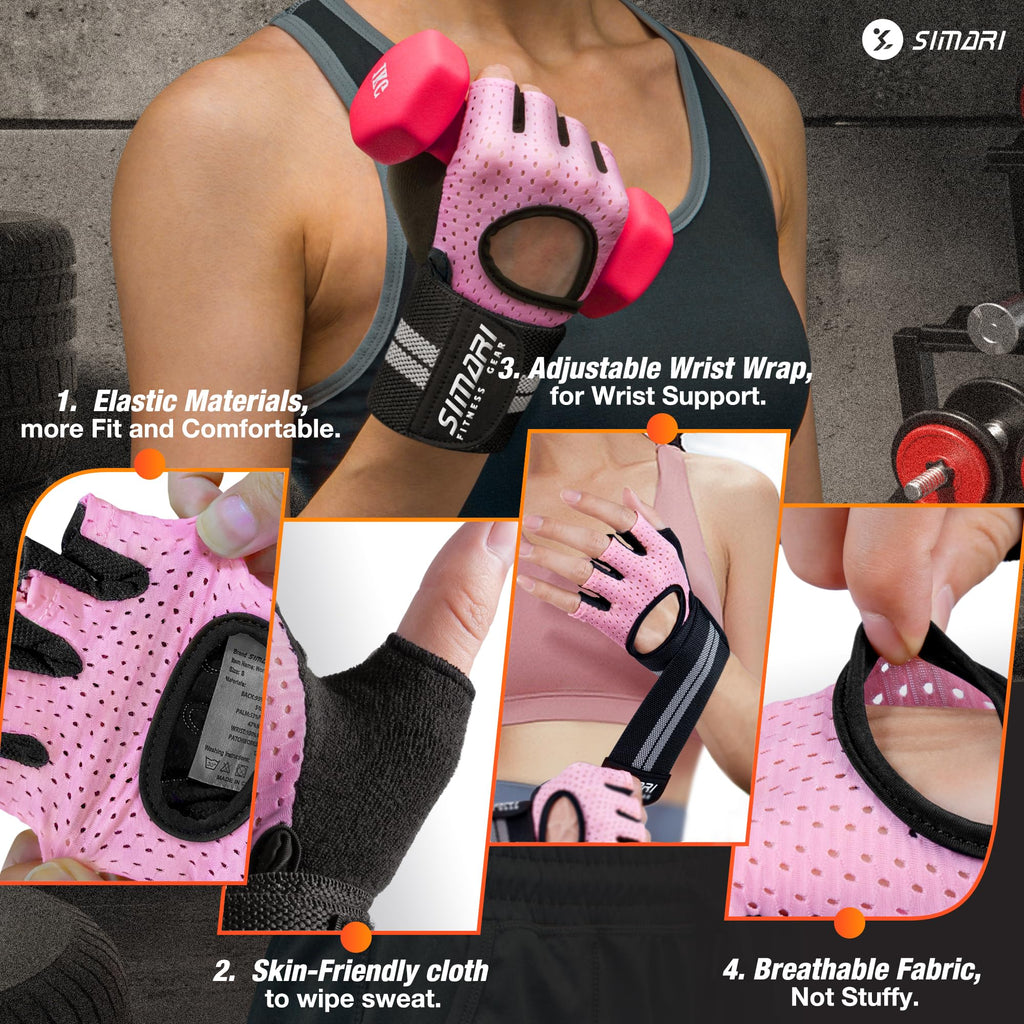 SIMARI Breathable Workout Gloves for Men Women, Padded Weight Lifting Gloves with Wrist Wraps Support, Full Palm Protection, Grip for Gym Training, Fitness, Weightlifting, Exercise Fingerless Black
