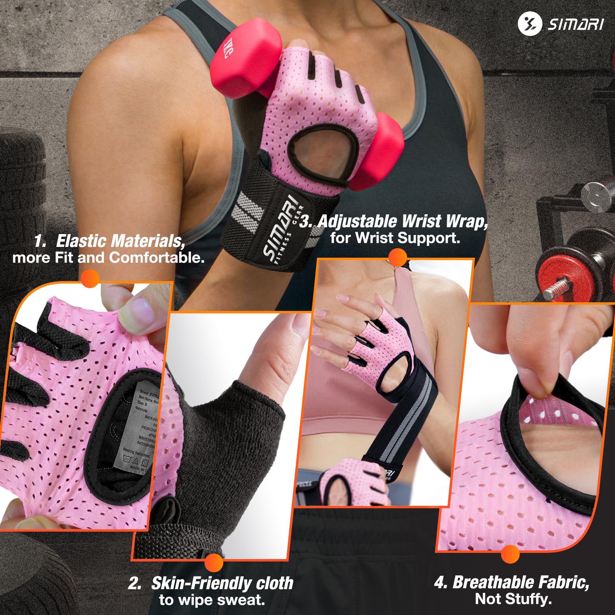 SIMARI Breathable Workout Gloves for Men Women, Padded Weight Lifting Gloves with Wrist Wraps Support, Full Palm Protection, Grip for Gym Training, Fitness, Weightlifting, Exercise Fingerless Black