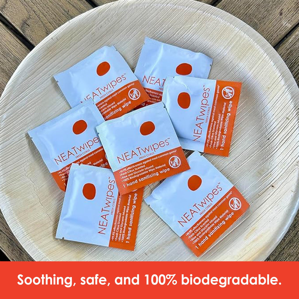 NEATwipes Hand Sanitizing Wipes | Travel Size | Disposable Wet Wipe & Biodegradable | Fresh Citrus Essential Oil | Soothing Aloe Vera | 24 Individually Wrapped Wipes