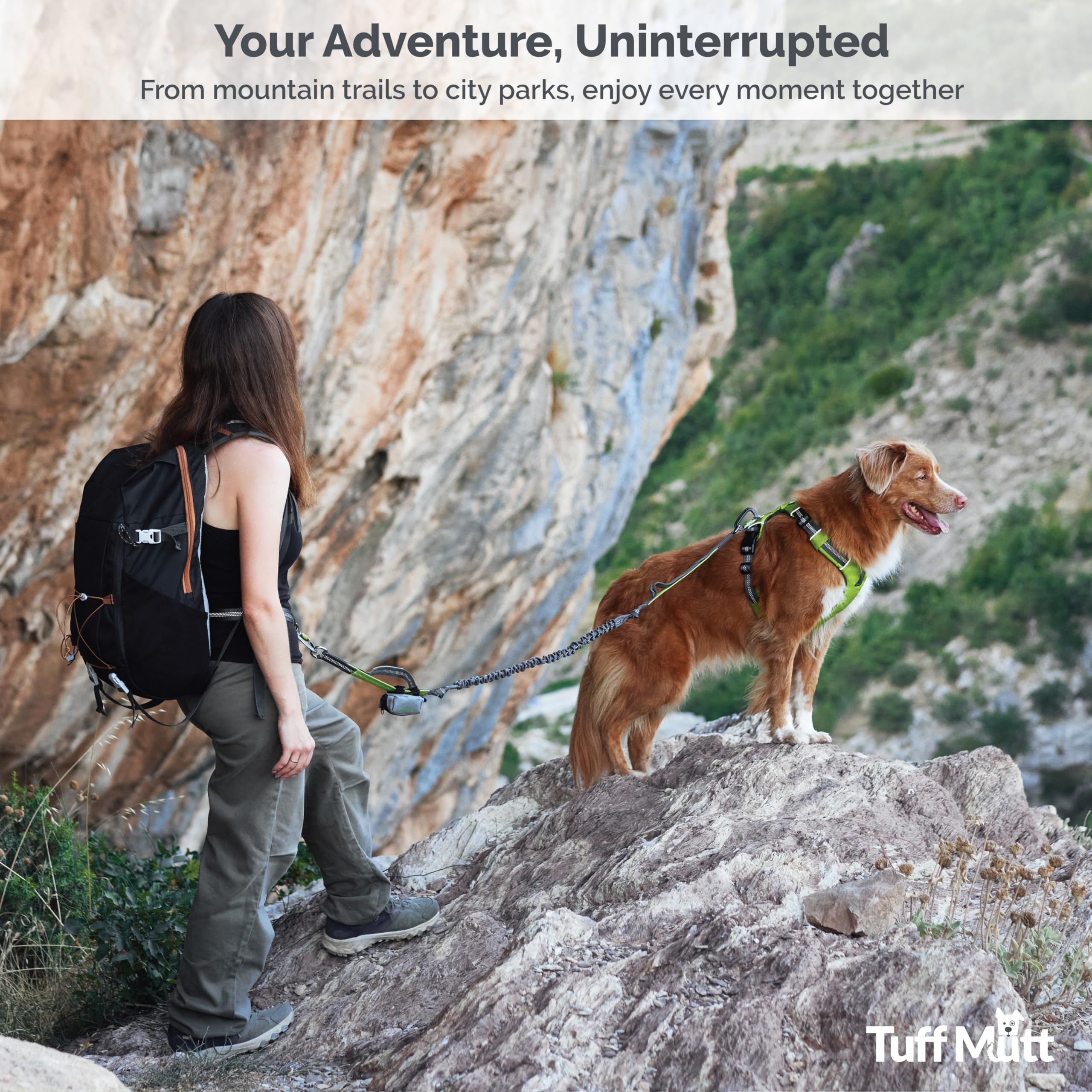 Tuff Mutt Hands-Free Waist Leash for Dog Walking, Running and Hiking, Carabiner Clip, Adjustable Belt with Double Handle, Reflective Bungee Design for Large & Medium Dogs