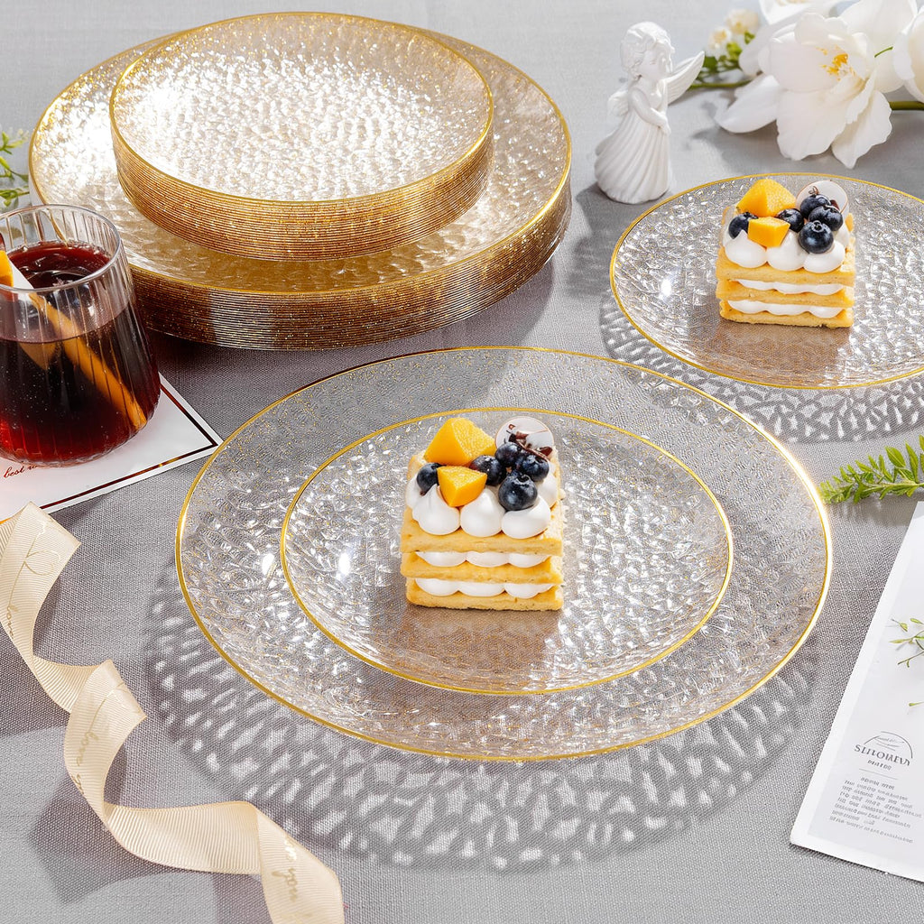 Rubtlamp 100Pcs Amber Gold Plastic Plates, Disposable Plates With Gold Rim, Heavy-duty Party Platos, Hammered Plastic Plates Include 50 Clear Dessert Plates, 50 Dinner Plates for Party