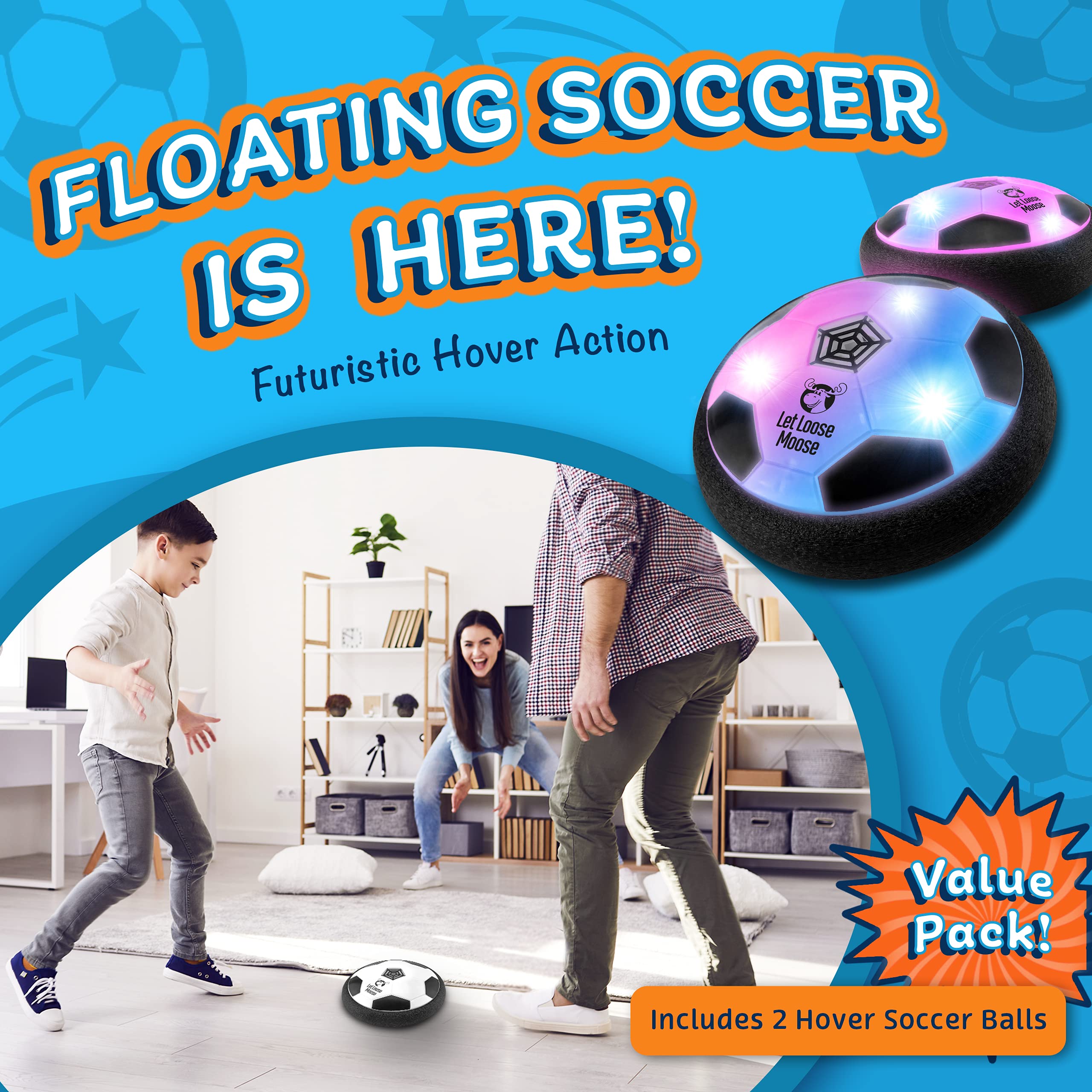 Let Loose Moose Hover Soccer Ball - Set of 2 Air Floating Soccer Toy with Led Light and Foam Bumper Protection, Indoor Sports Games Birthday Christmas for Boys - Birthday Gifts for Kids