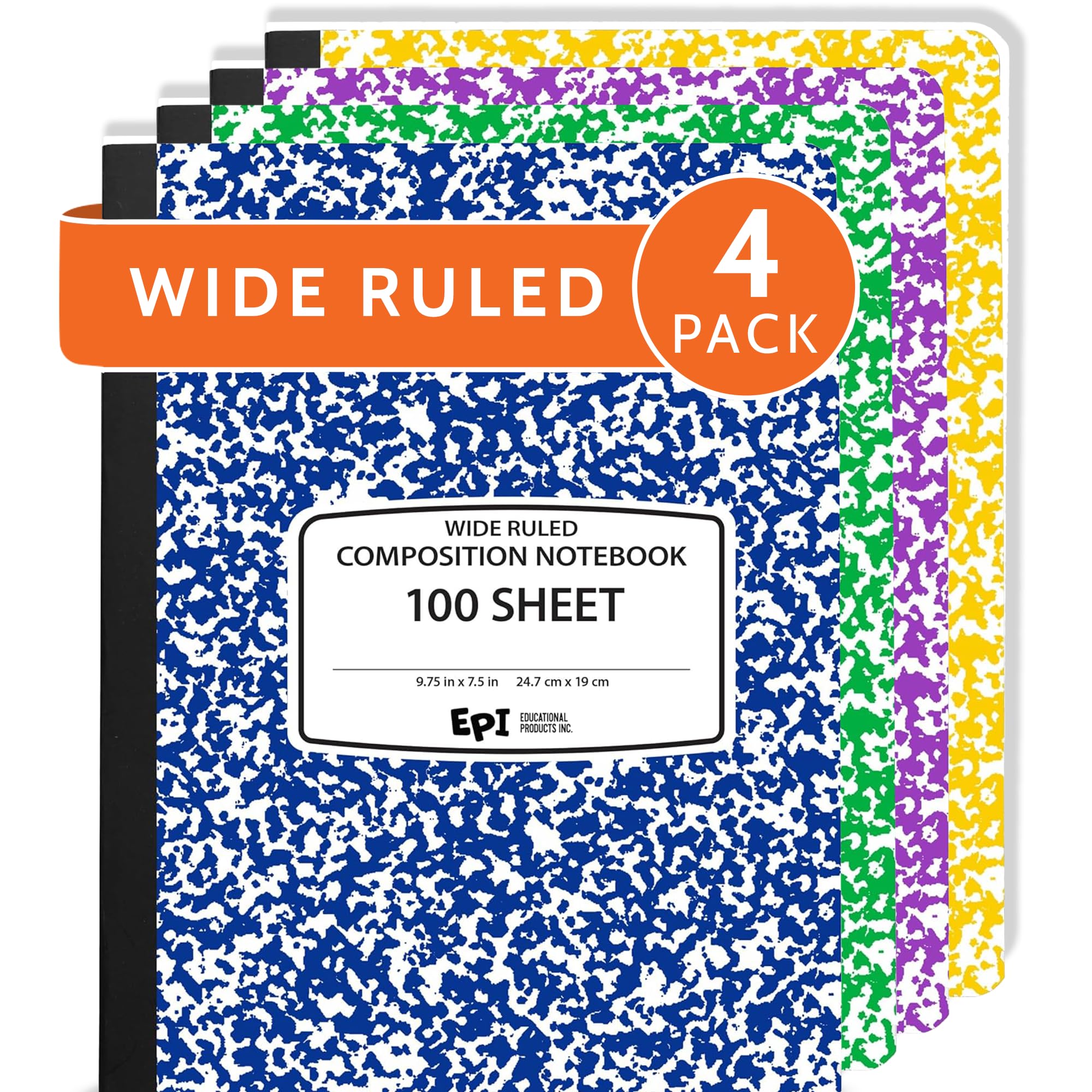 3 Pack - EPI Marble Hardcover Wide Ruled Composition Notebook | 200 Pages (100 Sheets), 9.75 x 7.5 in, Sturdy Sewn Binding | School, Office, Journaling, Notes