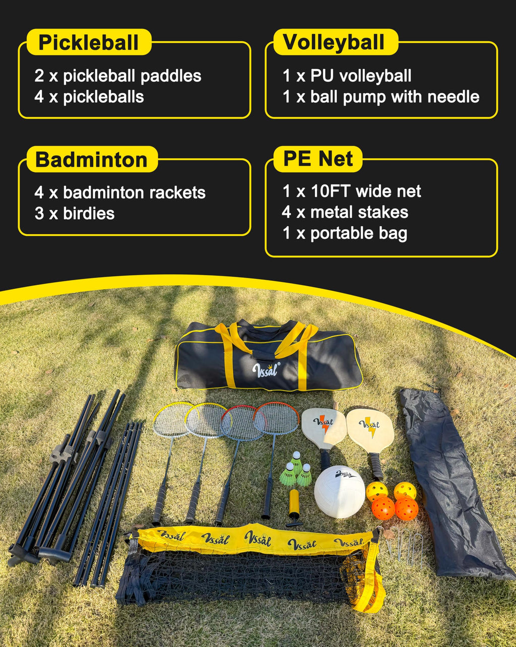 3-in-1 Portable Badminton, Volleyball & Pickleball Net Set for Adults, Adjustable Height 34"–7 ft for Backyards or Beach, Outdoor Sports Combo with Carry Bag, Rackets, Paddles & Balls