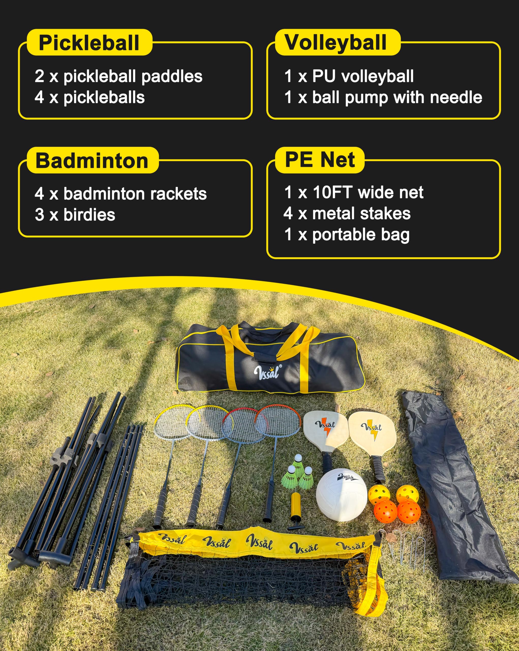 3-in-1 Portable Badminton, Volleyball & Pickleball Net Set for Adults, Adjustable Height 34"–7 ft for Backyards or Beach, Outdoor Sports Combo with Carry Bag, Rackets, Paddles & Balls