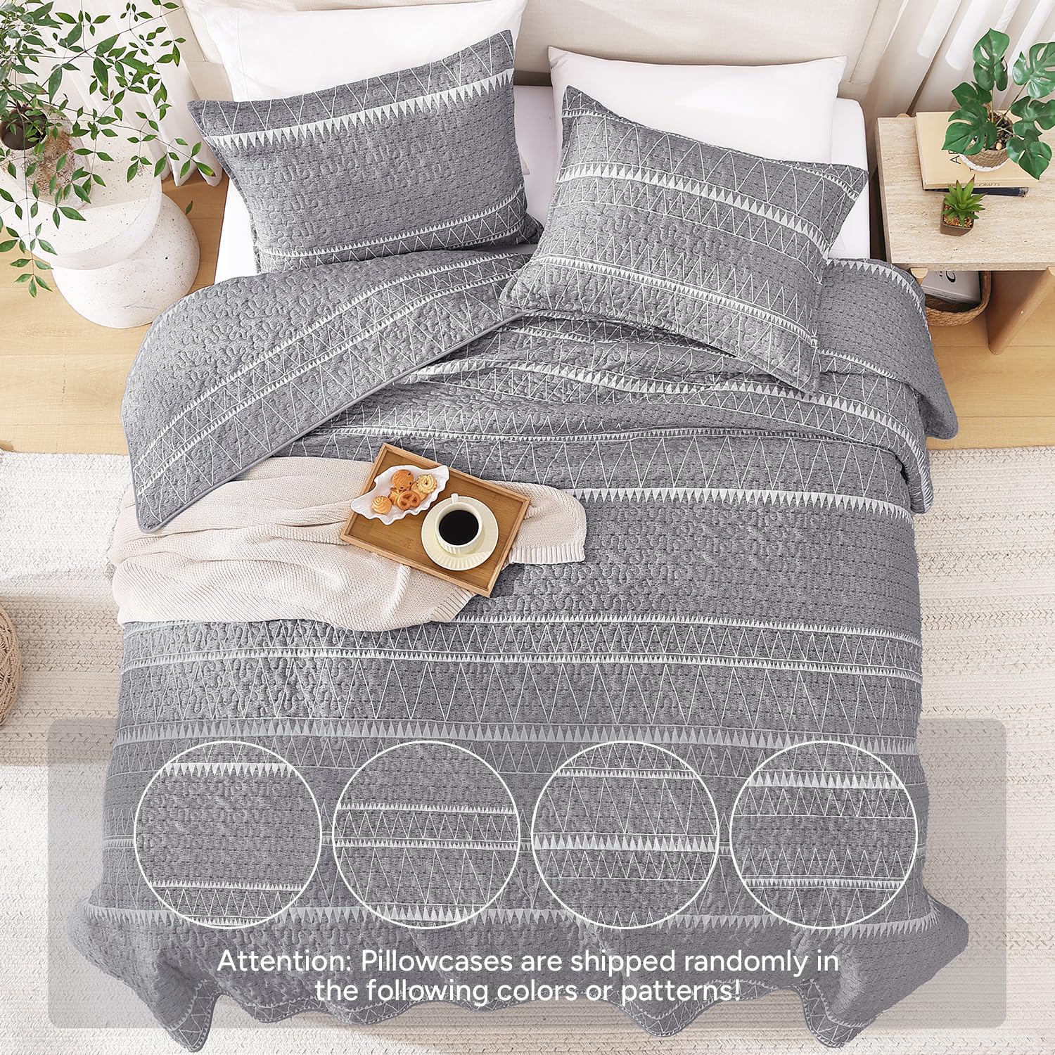Andency Twin Quilt Set Grey, 2 Pieces Boho Lightweight Soft Striped Bedspread for All Season (68"x86"), Gray Printed Bohemian Polyester Reversible Coverlet Comoforter Sets