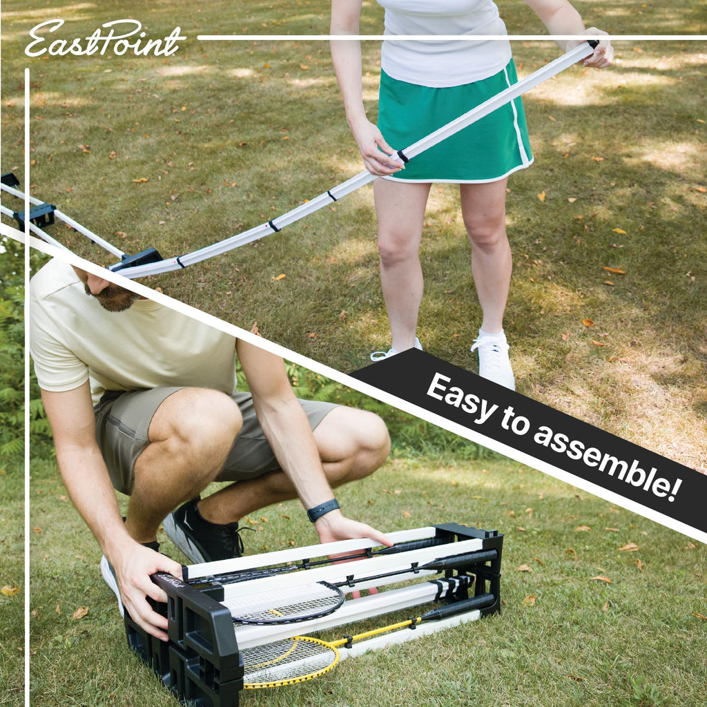 EastPoint Easy Setup Badminton Set - 15 ft Net, 4 Rackets, 2 Shuttlecocks - Quick Setup Net for Backyard Games - Steel Shaft Badminton Rackets for Family Games - Durable Shuttlecocks for Outdoors