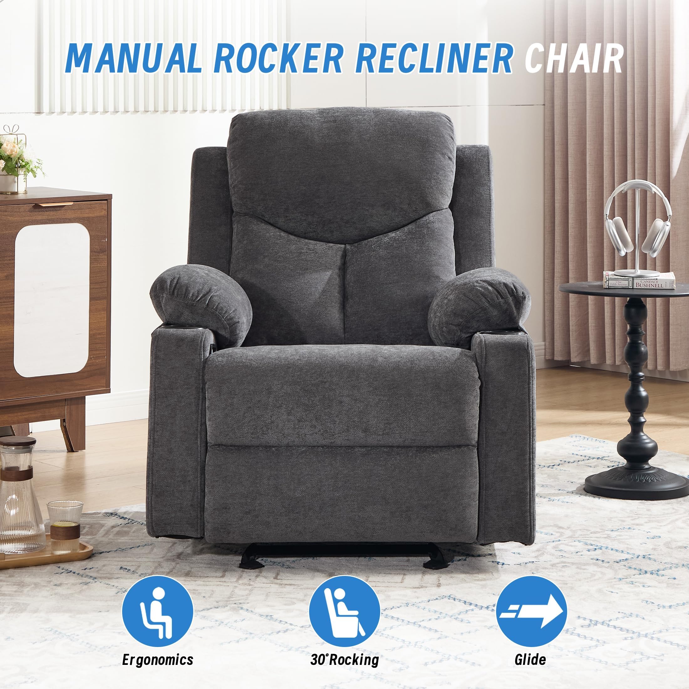 Manual Rocker Recliner Chair for Adults with Massage, Overstuffed Glider Rocking Chair with Cup Holders and Pockets for Living Room, Reclining Sofa Chair for Bedroom Nursery,Beige