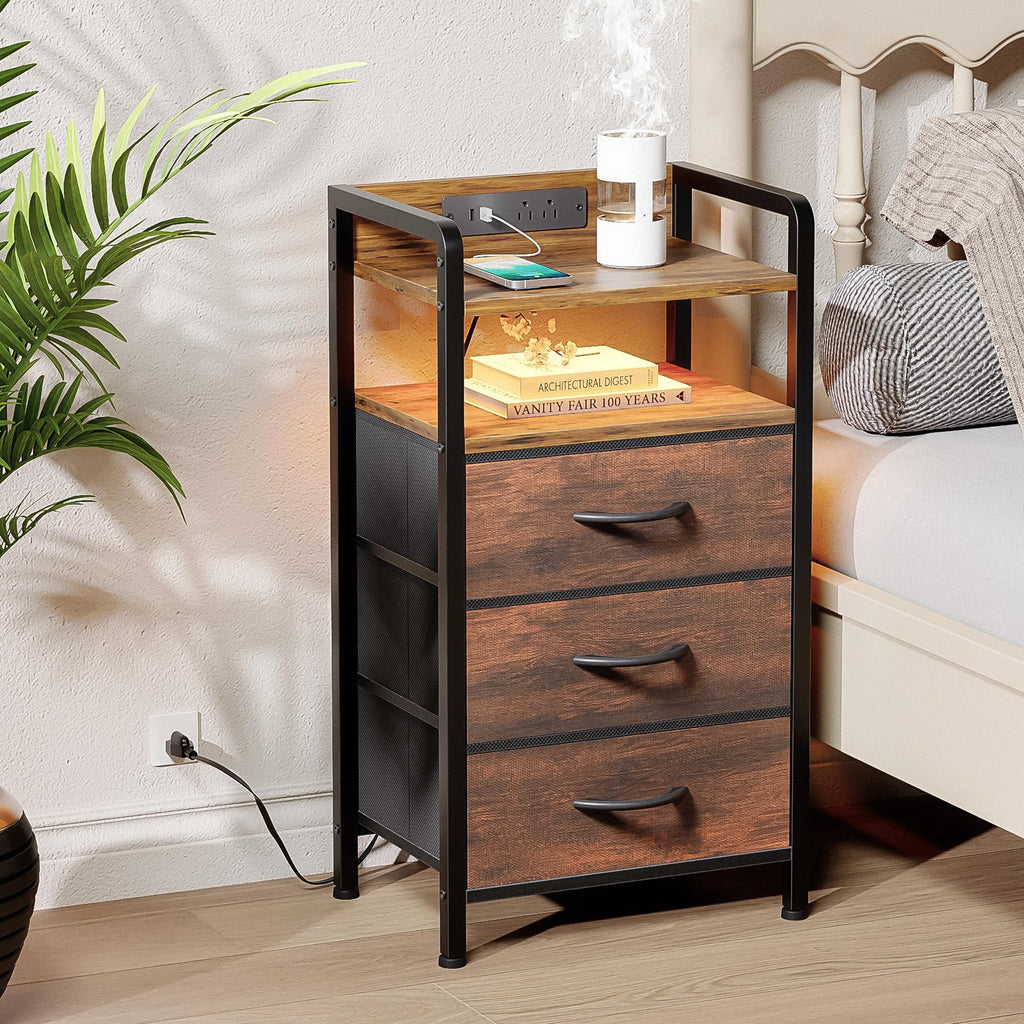 Lazzanto Night Stand Bedside Charger Bedroom - Nightstand with Charging Station & LED Light Strip, Night Stand with Storage Shelf & 2 Fabric Drawers, Morden End Table with U-S-B Ports & AC Outlets