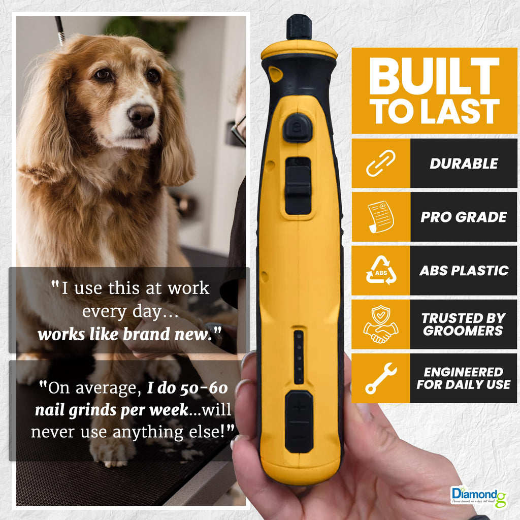 Diamondg Cordless Dog Nail Grinder with Quiet Sound & LED Tip for Large & Small Dogs, 4hrs. Runtime - Electric Dog Nail Trimmer, Heavy Duty Rotary Tool Alternative to Toenail Clippers & Filers