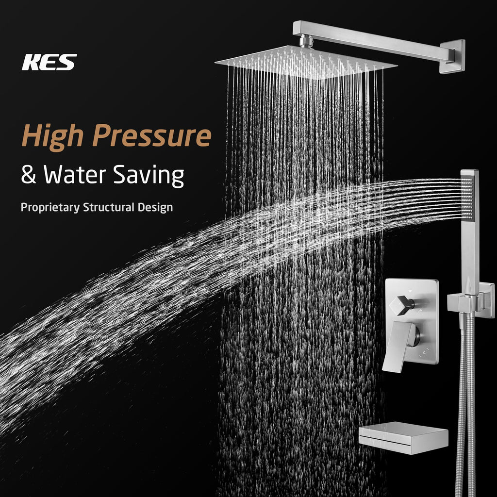 KES Tub and Shower Faucet Set Shower System with 10-Inch Rain Shower Head and Waterfall Tub Faucet Wall Mount Shower Valve and Trim Kit Included Matte Black, XB6240-BK