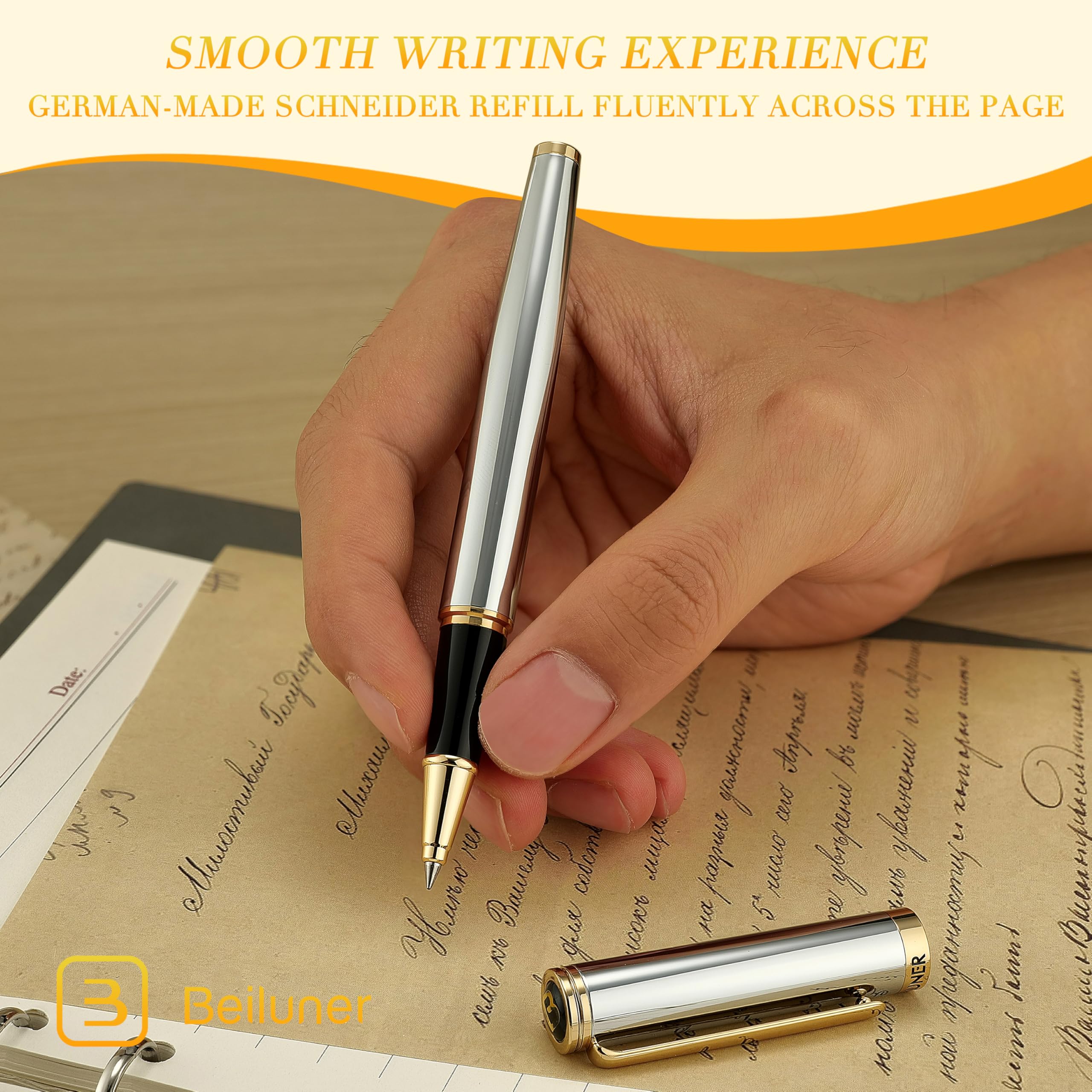 BEILUNER Luxury Rollerball Pen,24K Gold Trim,Noble and Elegant Designs,Schneider Ink Refill, Best Roller Ball Pen Gift Set for Men & Women, Professional, Executive Office, Nice Pens