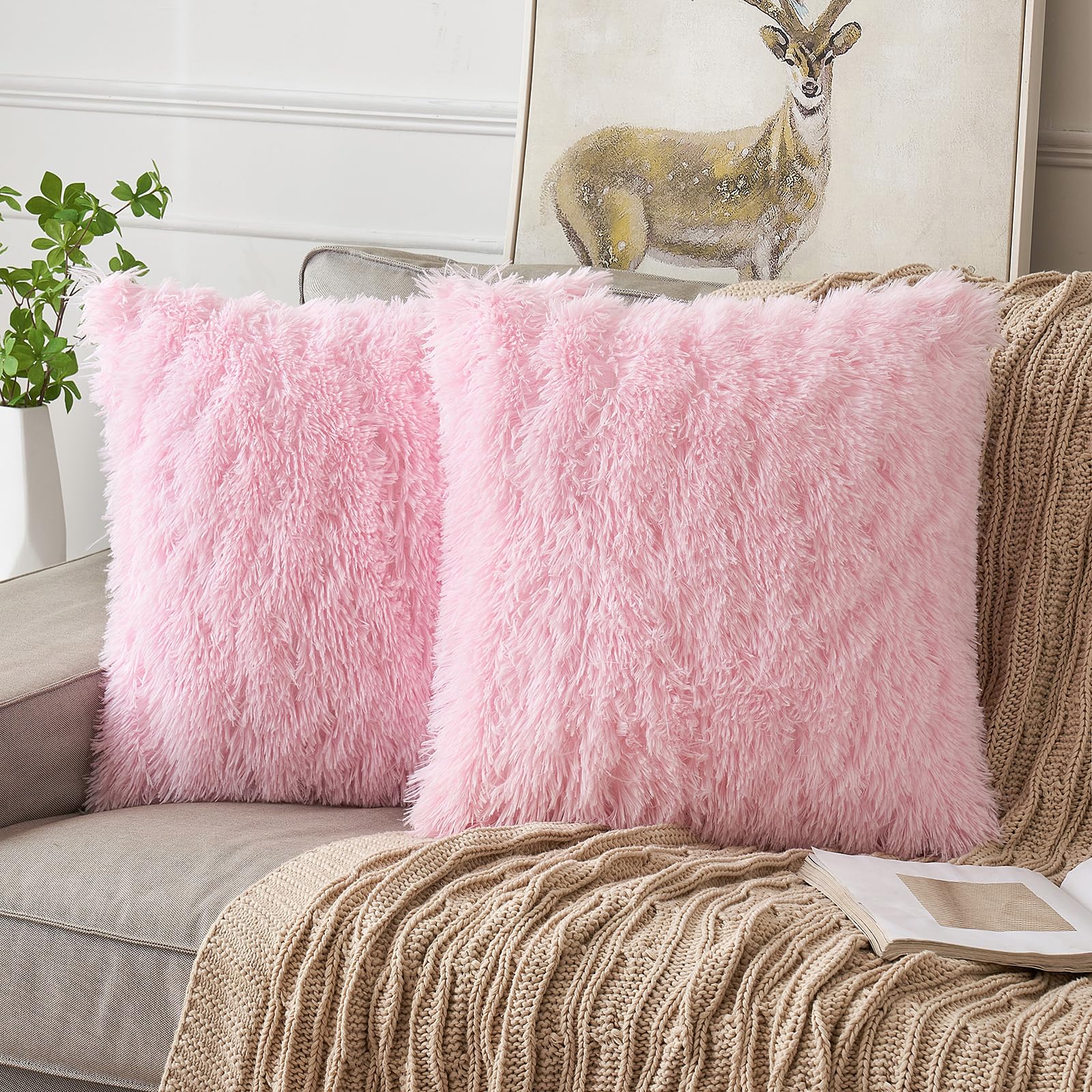 ANRODUO Pack of 2 Baby Pink Throw Pillow Covers Luxury Fluffy Pillows Faux Fur Decorative Pillows Plush Cushion Case Fuzzy Mongolian Merin Style for Bed Couch Sofa Living Room Summer Decor 16x16 Inch