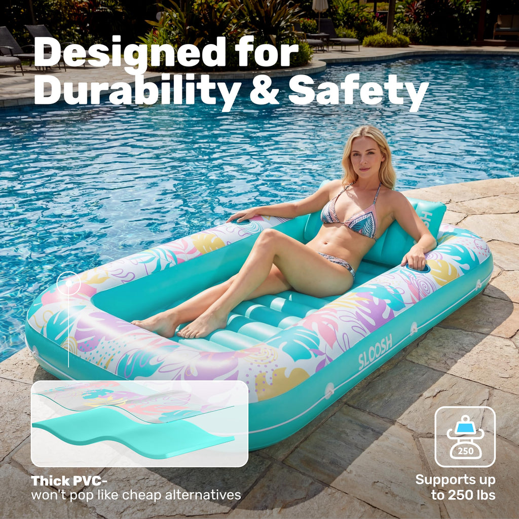 SLOOSH Inflatable Tanning Pool Lounger Float, 85" x 57" Extra Large Pool Floats Adult with Pillow, 4 in 1 Suntan Tub Raft Floatie,Sunbathing Bed Lounge for Water Blow Up Ball Pit Party Gifts, XL-Blue