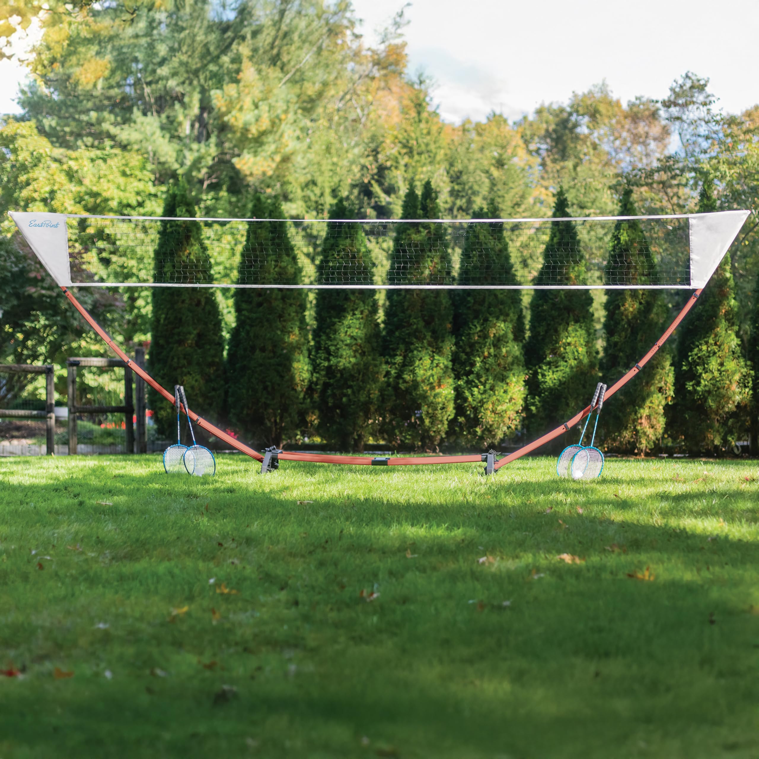 EastPoint Easy Setup Badminton Set - 15 ft Net, 4 Rackets, 2 Shuttlecocks - Quick Setup Net for Backyard Games - Steel Shaft Badminton Rackets for Family Games - Durable Shuttlecocks for Outdoors