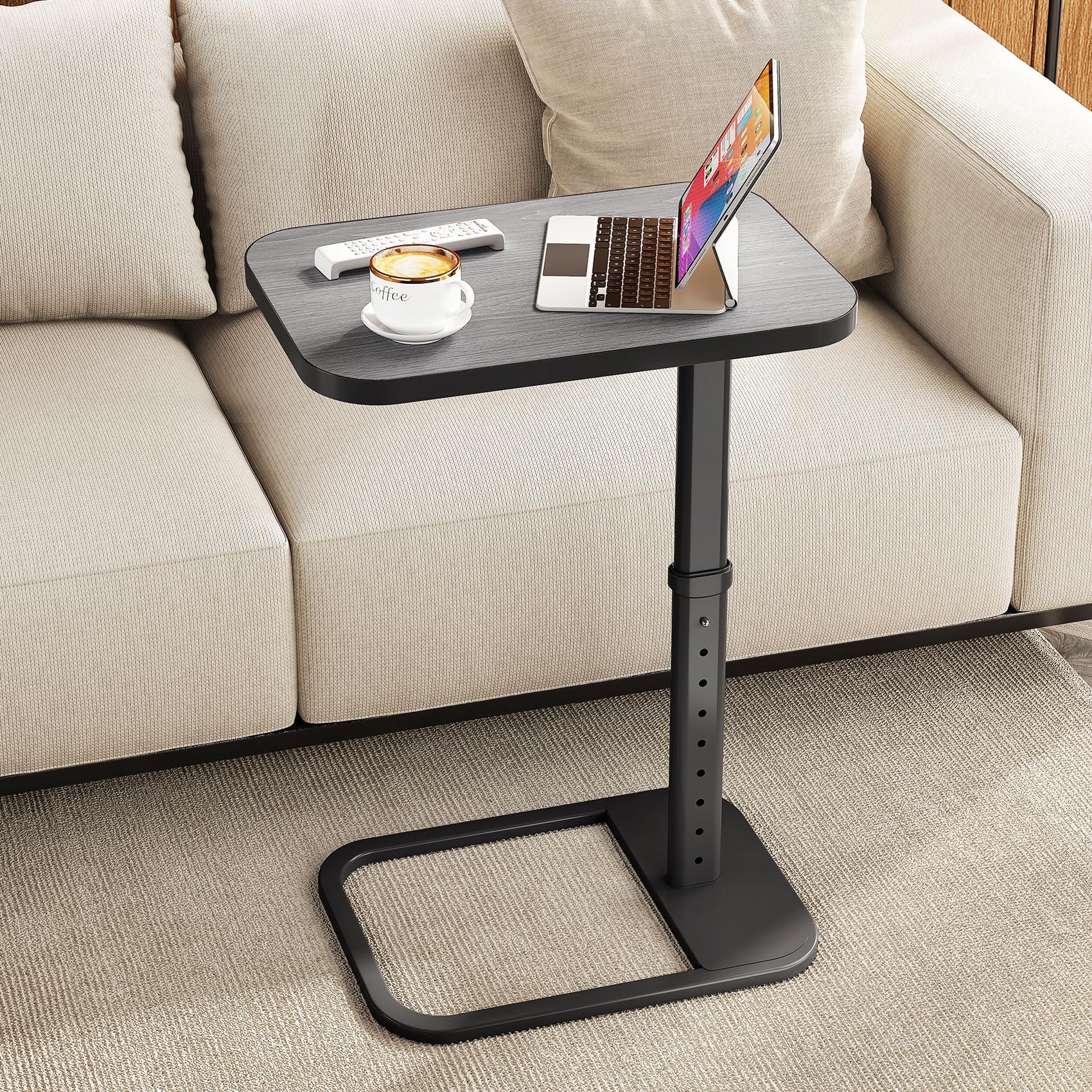 Kitstorack TV Tray Table, Adjustable Height & Rounded Metal Corners, Snack Table for Couch, Sofa, Bed, Chair, Living Room, C Shaped End Side Table for Eating, Dinner or Laptop, Small Spaces, Black