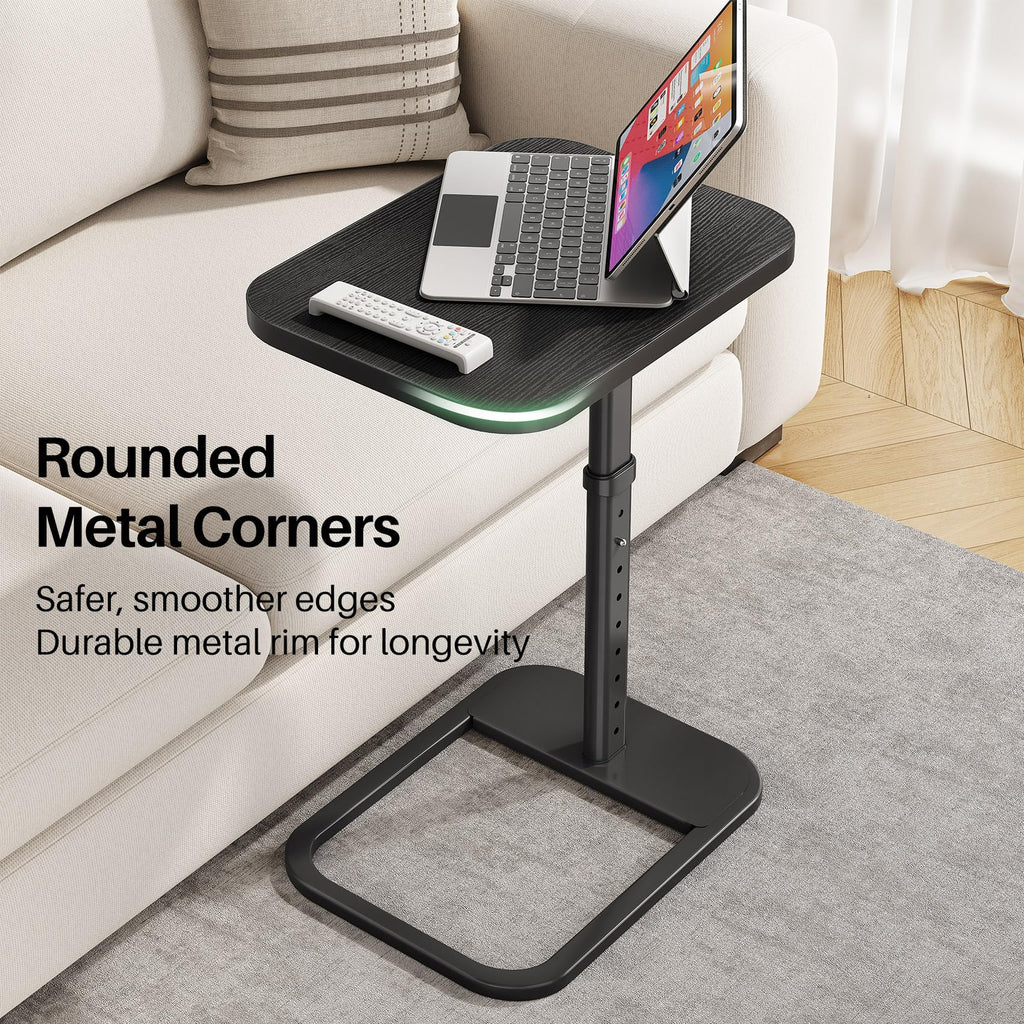 Kitstorack TV Tray Table, Adjustable Height & Rounded Metal Corners, Snack Table for Couch, Sofa, Bed, Chair, Living Room, C Shaped End Side Table for Eating, Dinner or Laptop, Small Spaces, Black