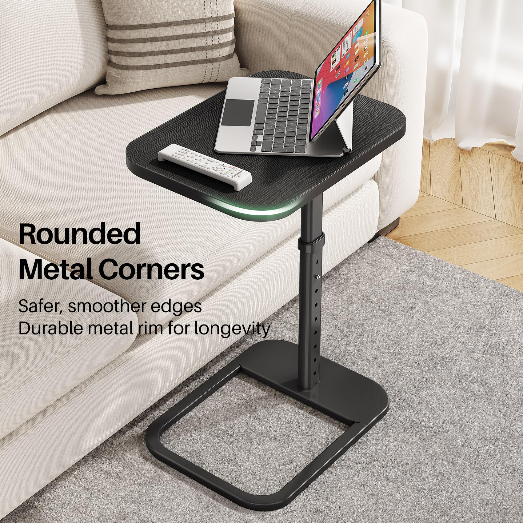 Kitstorack TV Tray Table, Adjustable Height & Rounded Metal Corners, Snack Table for Couch, Sofa, Bed, Chair, Living Room, C Shaped End Side Table for Eating, Dinner or Laptop, Small Spaces, Black