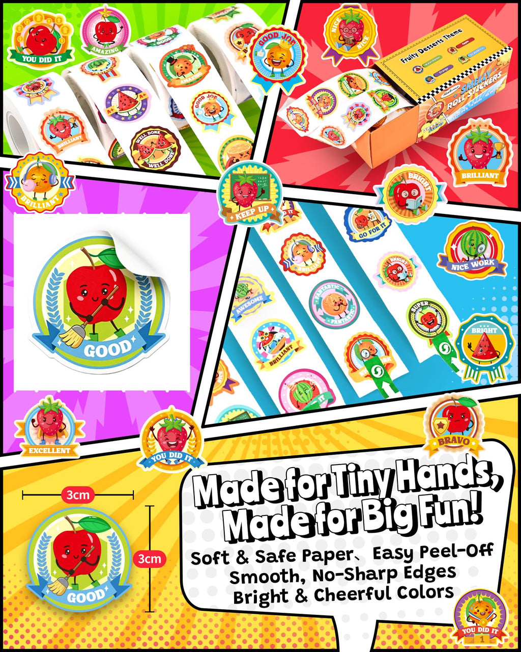 HORIECHALY 3 Rolls Scratch and Sniff Stickers for Kids, 600PCS Smelly Scented Stickers, Kid's Reward Sticker, Classroom Teacher Must Haves, School Supplies Incentives Christmas Children‘s Gift-1.57''