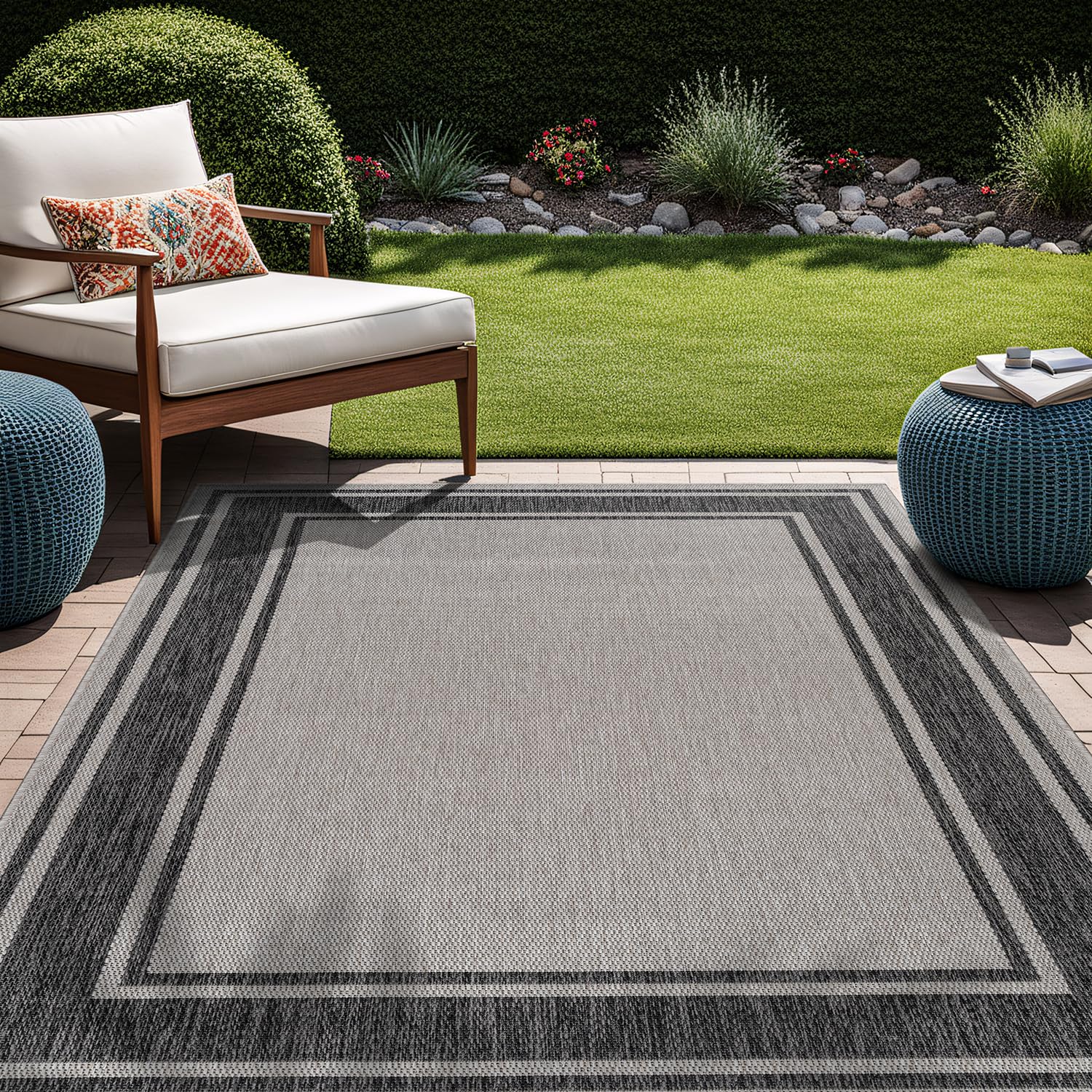 Beverly Rug Outdoor Rug 5x7 Modern Bordered Area Rugs for Indoor and Outdoor Patio Deck Porch Garden Waterproof Weather Sun Resistant Washable Outside Carpet (5 x 7 Beige)