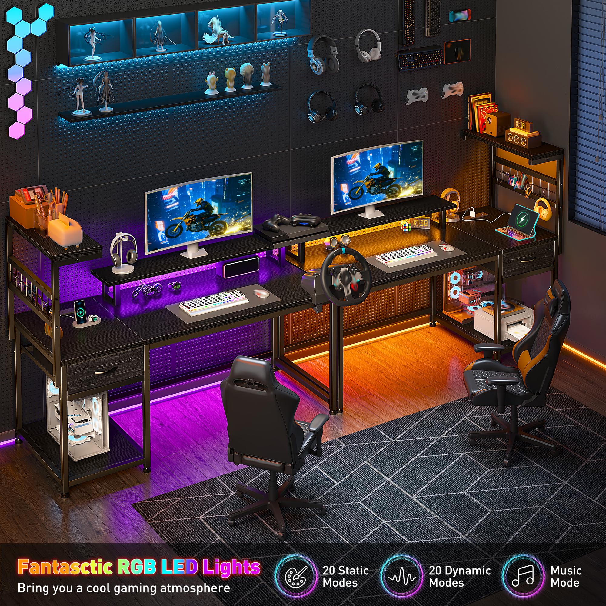 EnHomee 40" Gaming Desk with Power Outlets & LED Lights, Computer Desk with Drawer & Storage Shelve, Home Office Desk with Monitor Stand for Living Room, Study Room, Gaming Room, Black