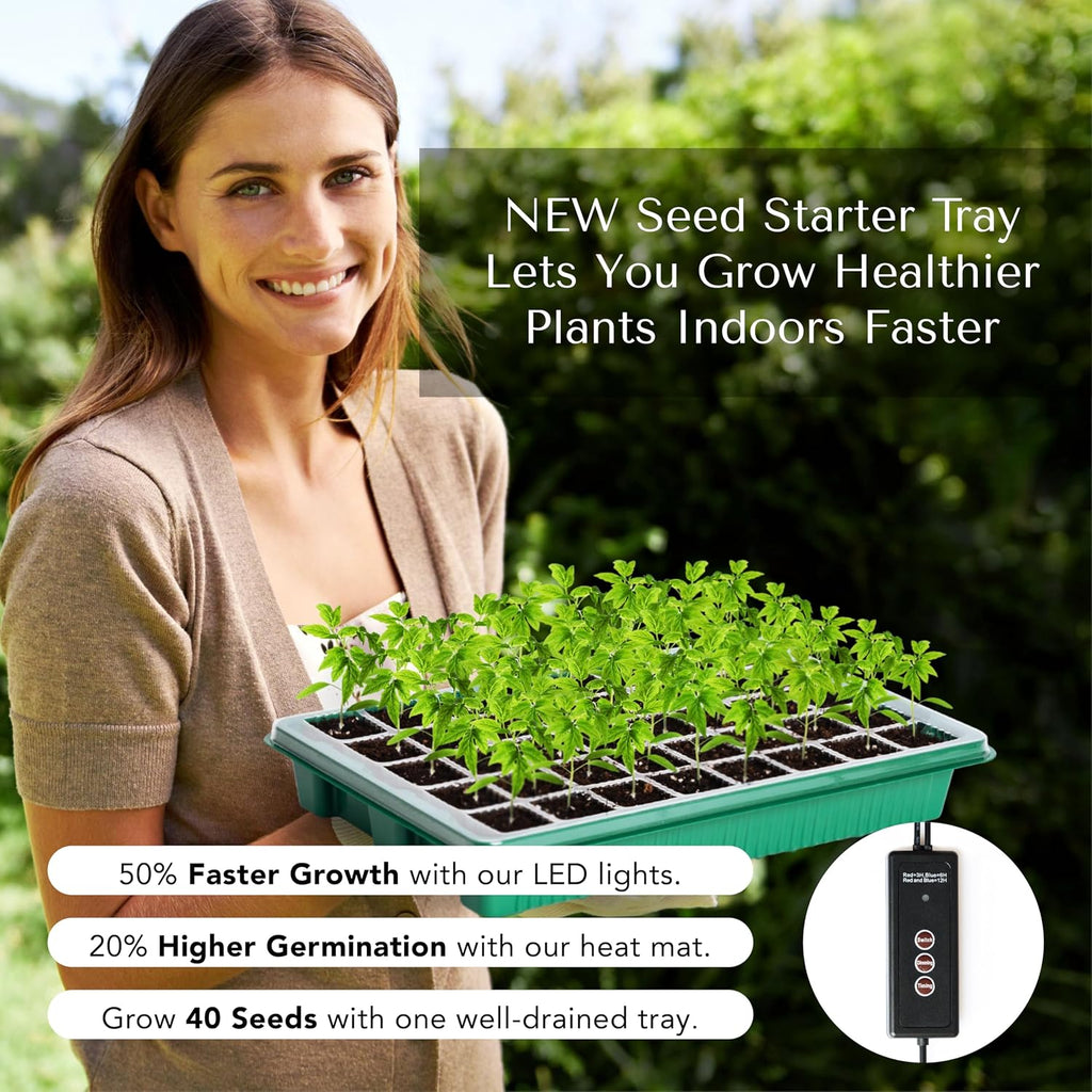 Seed Starter Kit with Grow Lights & Heat Mat – 40-Cell Seed Starter Tray, Humidity Dome, Soil Moisture Meter & Sticky Gnat Traps – Indoor Greenhouse & Plant Propagation Station