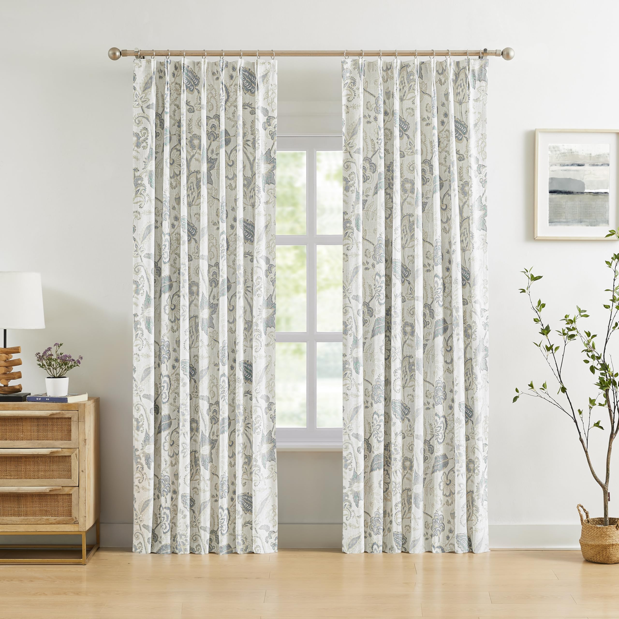 Kayne Studio Pinch Pleated Full Blackout Window Curtain Panels Botanical Floral Boho Leaf Print Country Farmhouse GreenYellow Room Darkening Thermal Insulated Window Treatment Bedroom,40"x84",2 Panels