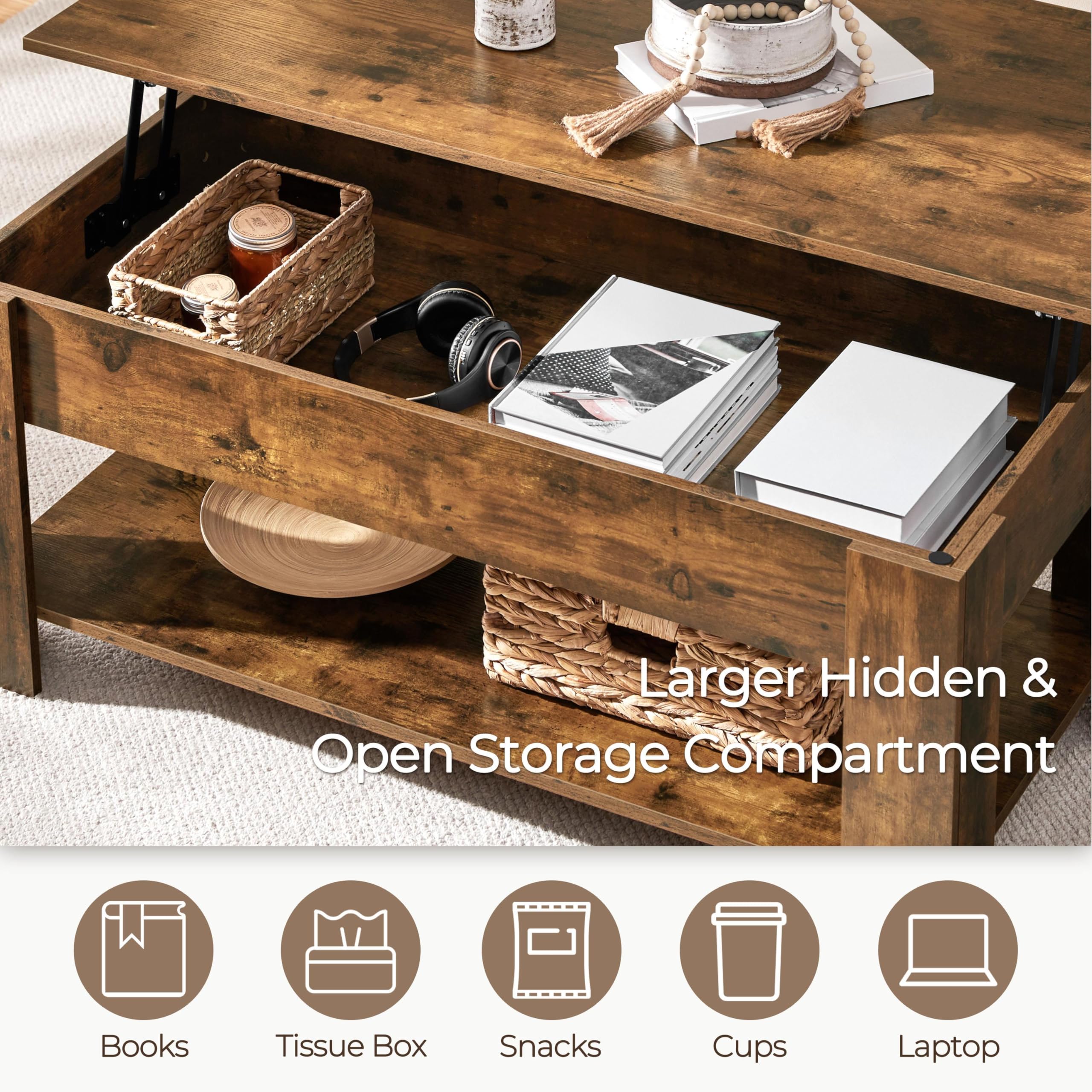 Yaheetech Wooden Coffee Table, Lift Top Coffee Table with Large Hidden Storage Shelf, Lift Tabletop Dining Tables for Living Room, Home Small Space, 38.6in, Black