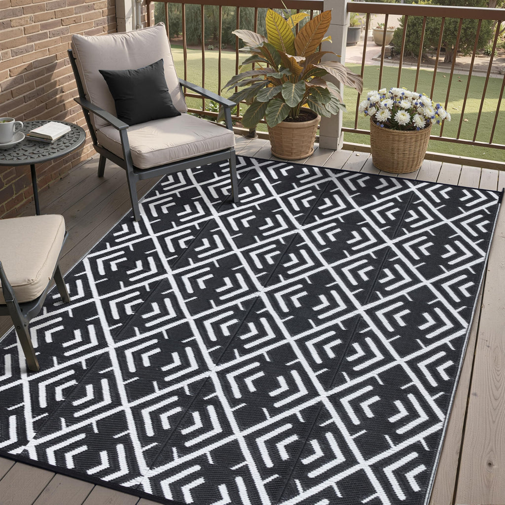 HUGEAR Outdoor Patio Rug 3'x5' Waterproof Outside Area Rugs Blue Reversible Plastic Straw Carpet for RV Deck Camping Entryance Porch Picnic Balcony Beach