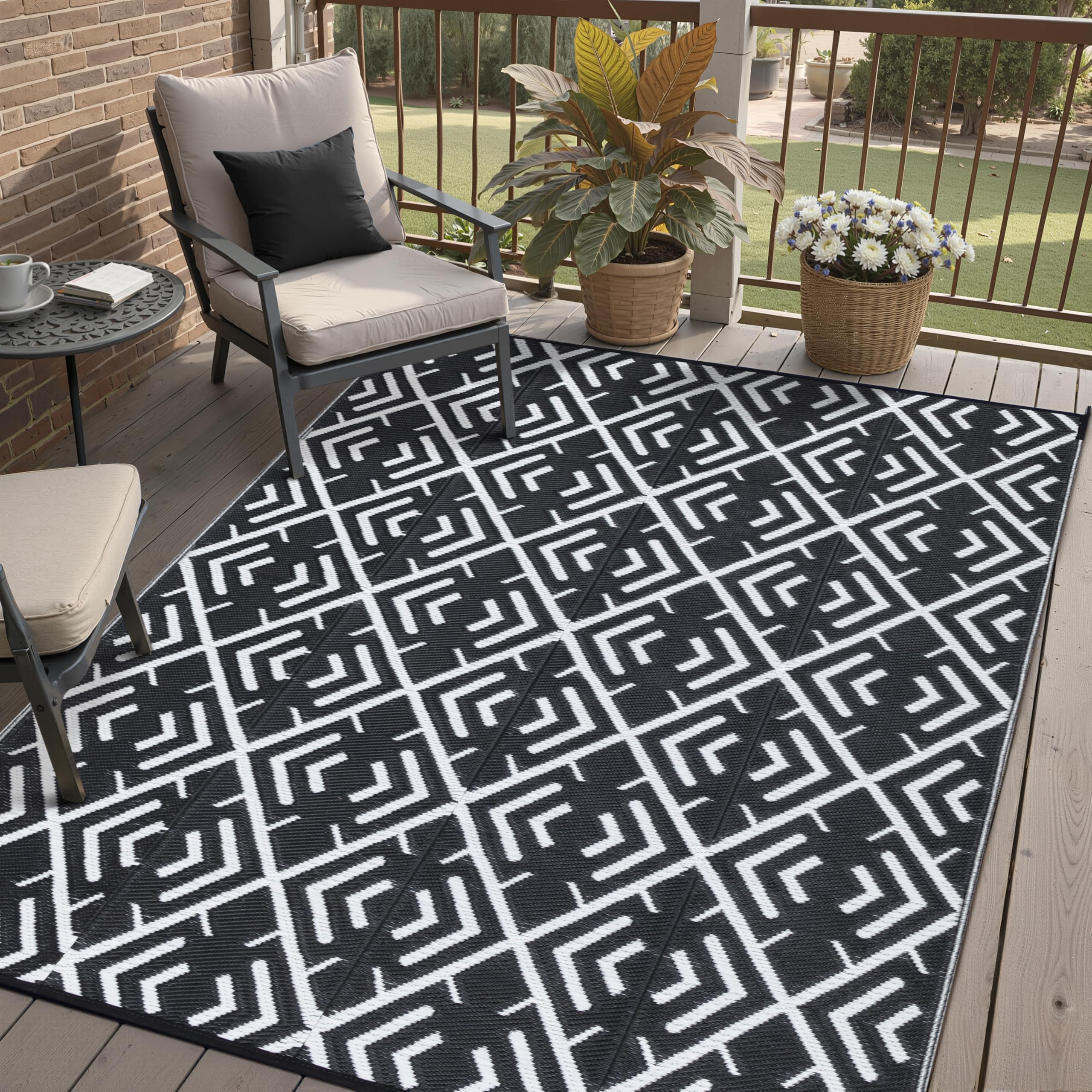 HUGEAR Outdoor Patio Rug 3'x5' Waterproof Outside Area Rugs Blue Reversible Plastic Straw Carpet for RV Deck Camping Entryance Porch Picnic Balcony Beach