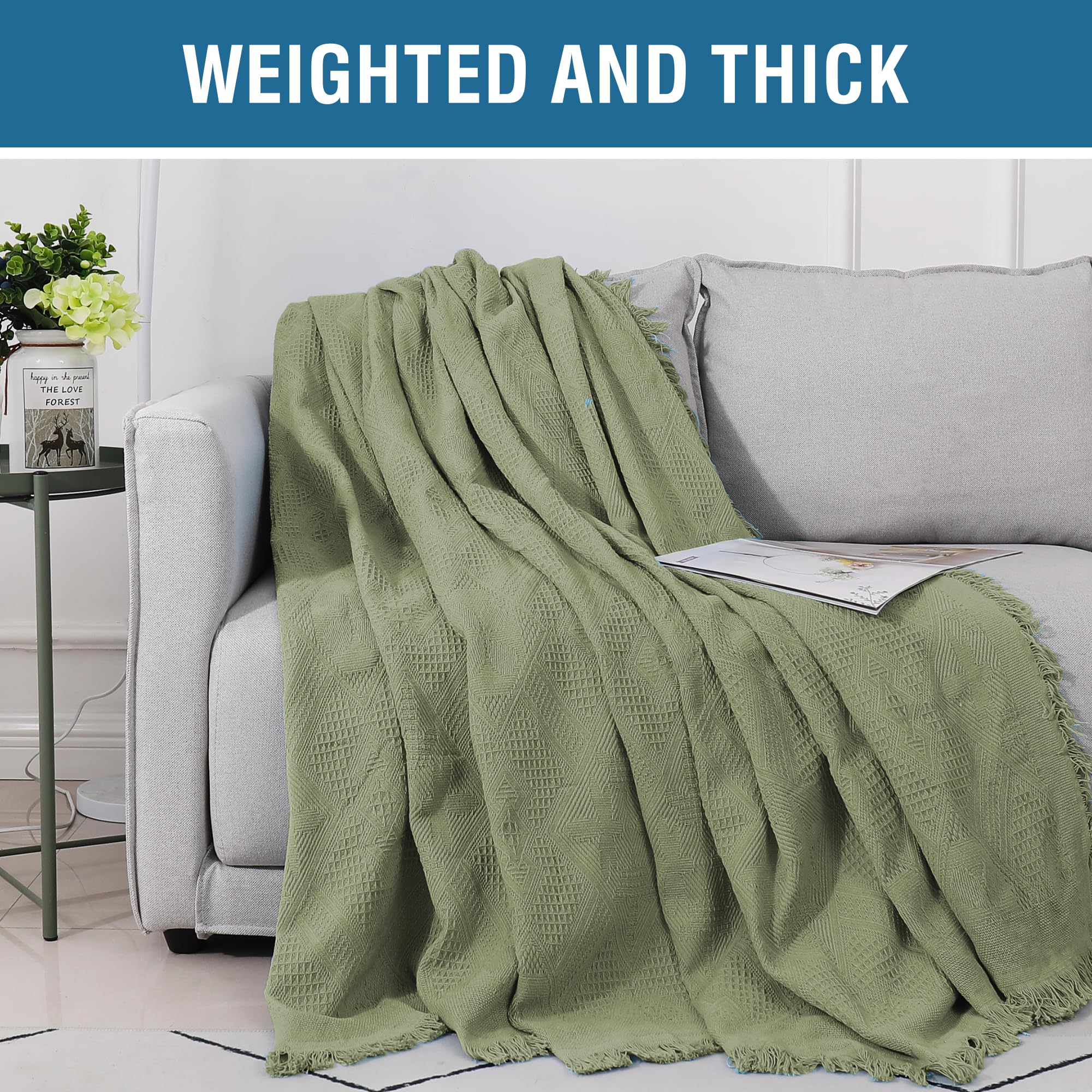 H.VERSAILTEX Cotton Sofa Covers Couch Cover Sofa Slipcover for Most Shape Sofas, Feature Thick Woven Jacquard Seamless with Tassels, Multi-Use Decorative for Couch (Medium: 71" x 91", Green)