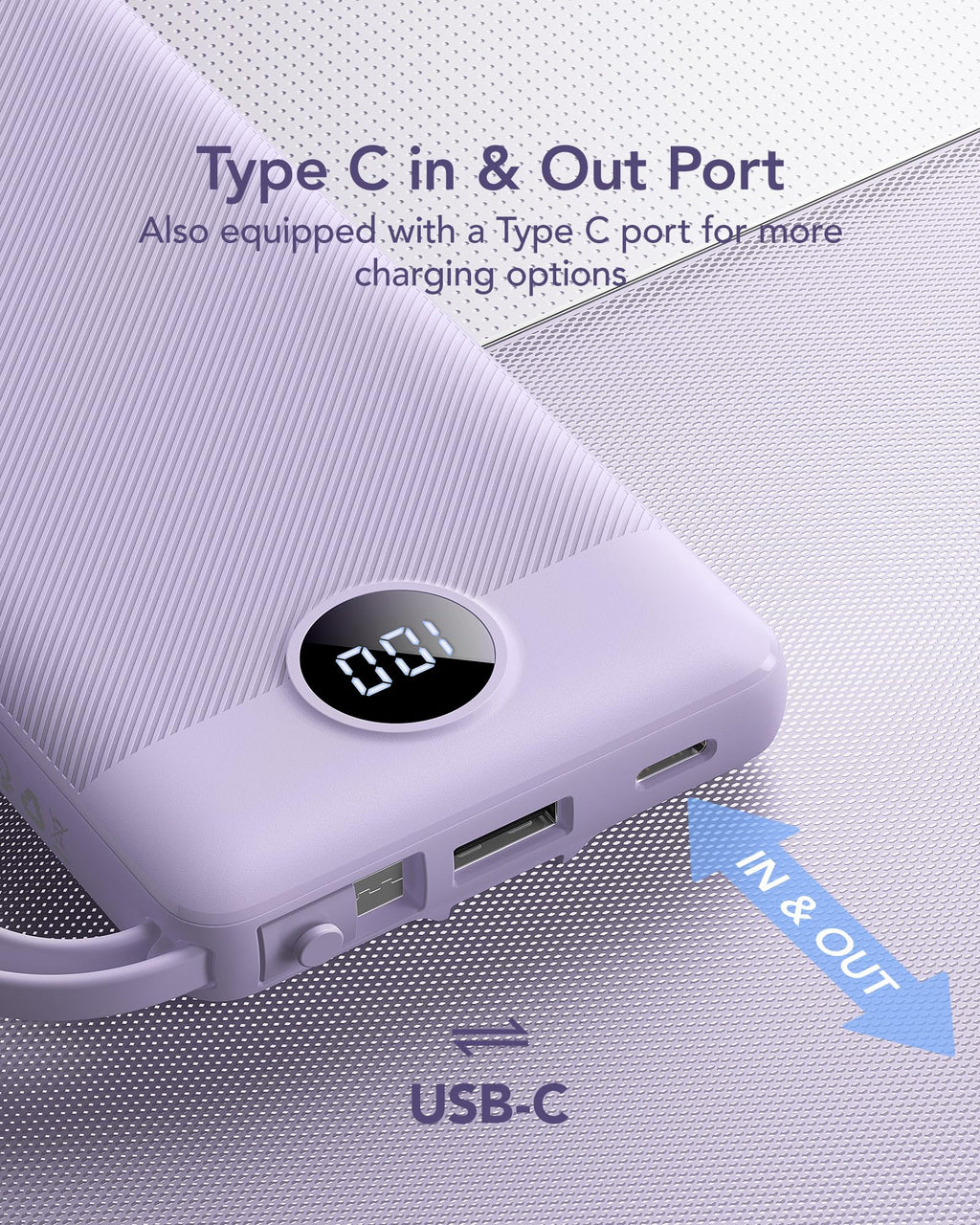 VRURC Portable Charger Power Bank, USB C Battery Pack 10000mAh, Flight-Safe Travel Essentials, 5 Outputs 2 Inputs Slim Phone Charging Bank Built-in Cables for Multi Devices-Lavender(1 Pack)